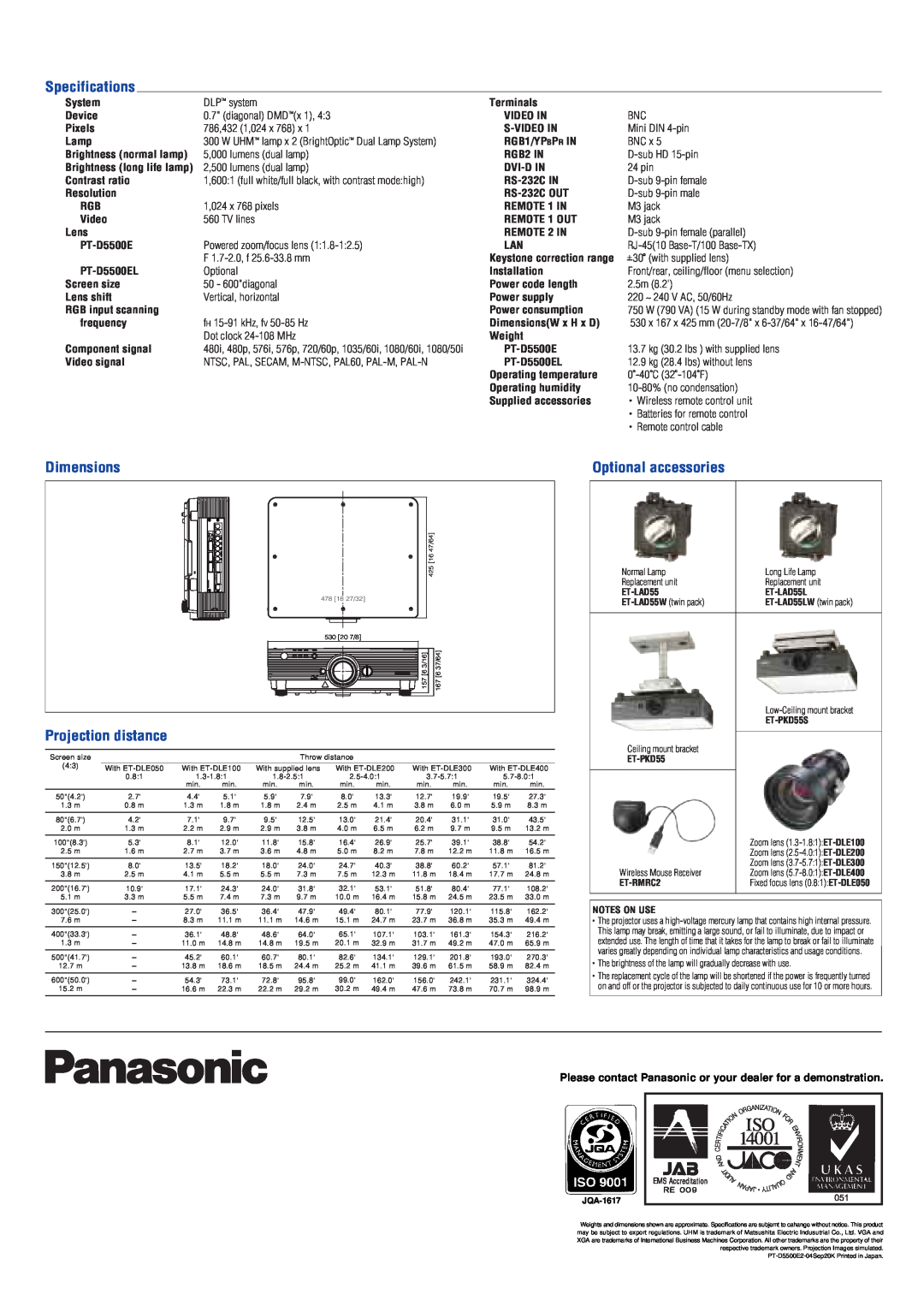 Panasonic PT-D5500E/EL manual Specifications, Projection distance, Optional accessories, Dimensions 