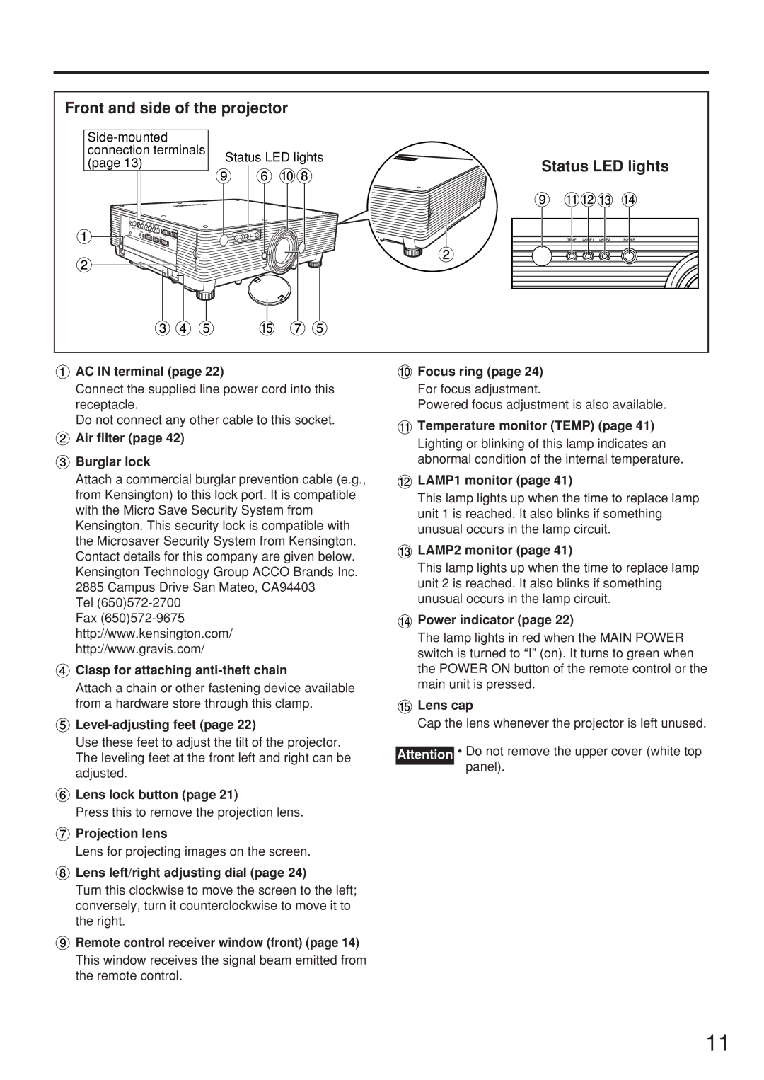 Panasonic PT-D5500UL manual Front and side of the projector, Status LED lights 