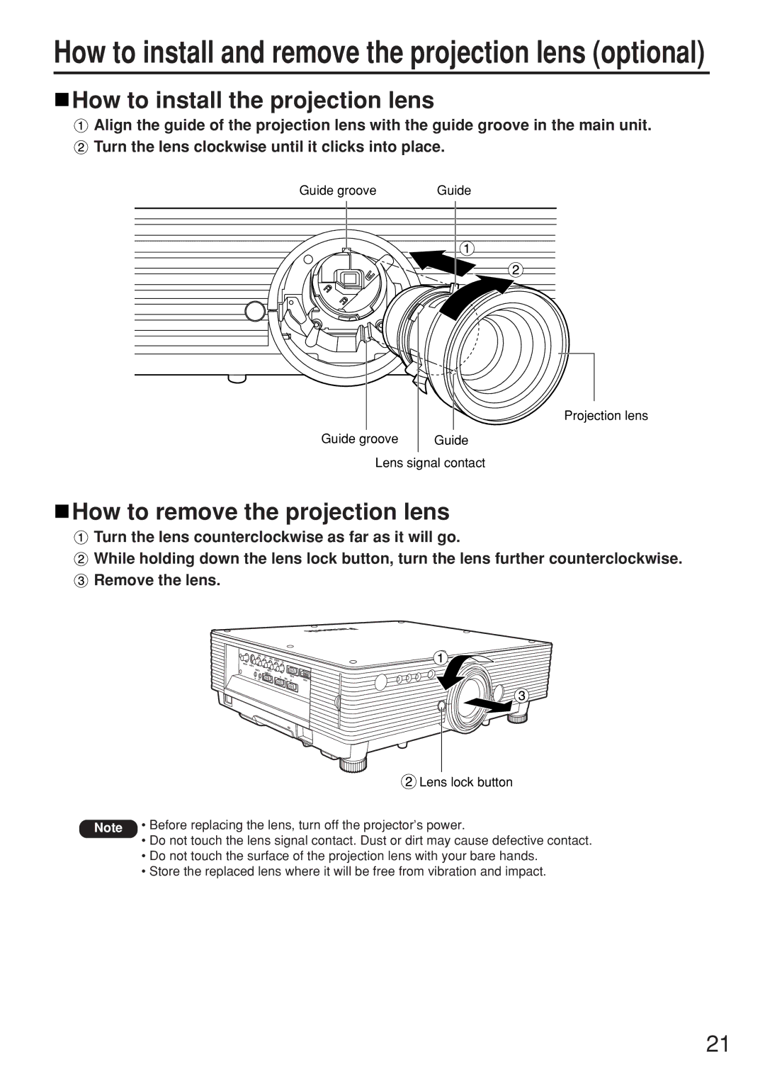 Panasonic PT-D5500UL manual How to install the projection lens, How to remove the projection lens 