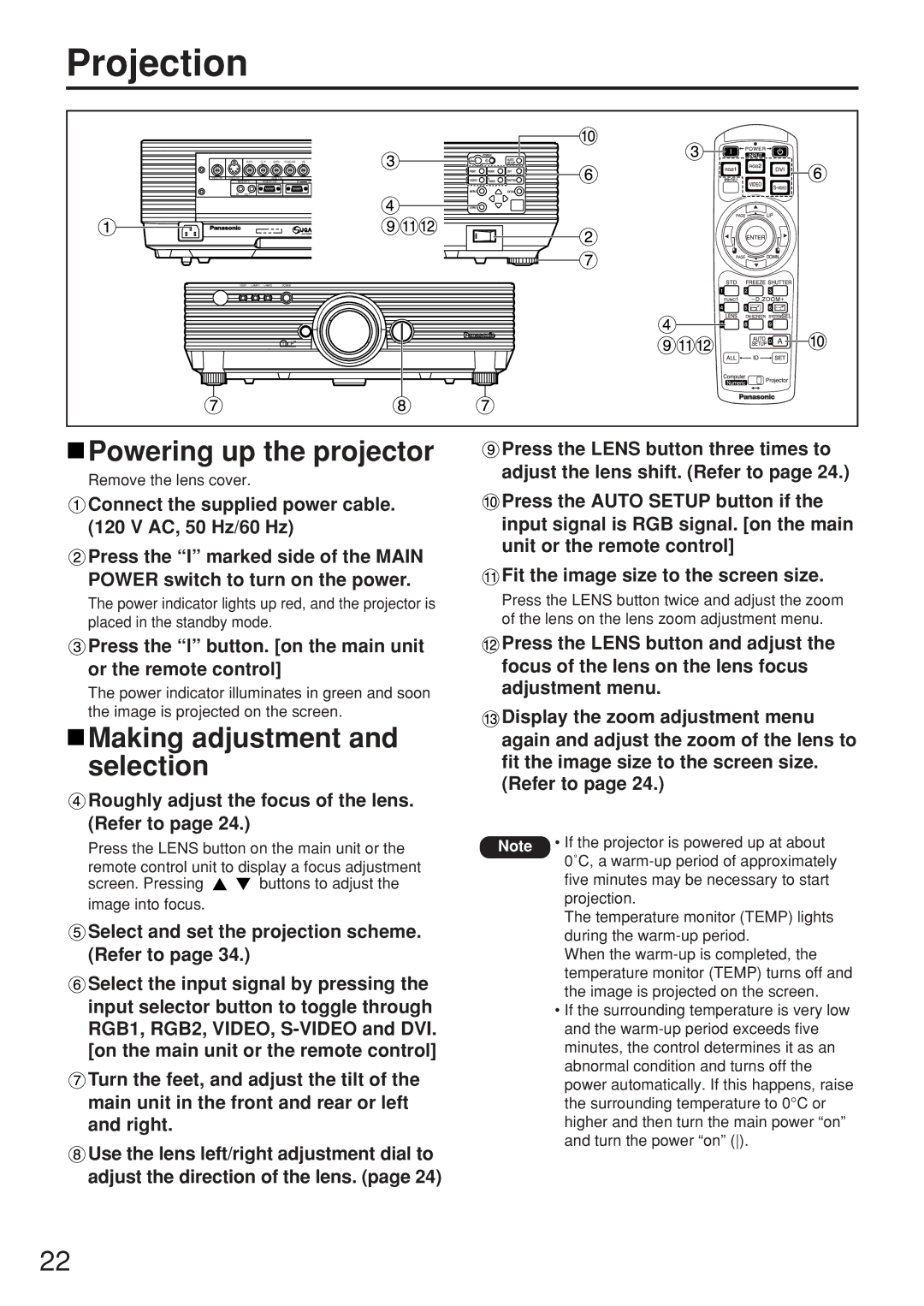 Panasonic PT-D5500UL manual Projection, Powering up the projector, Making adjustment and selection 