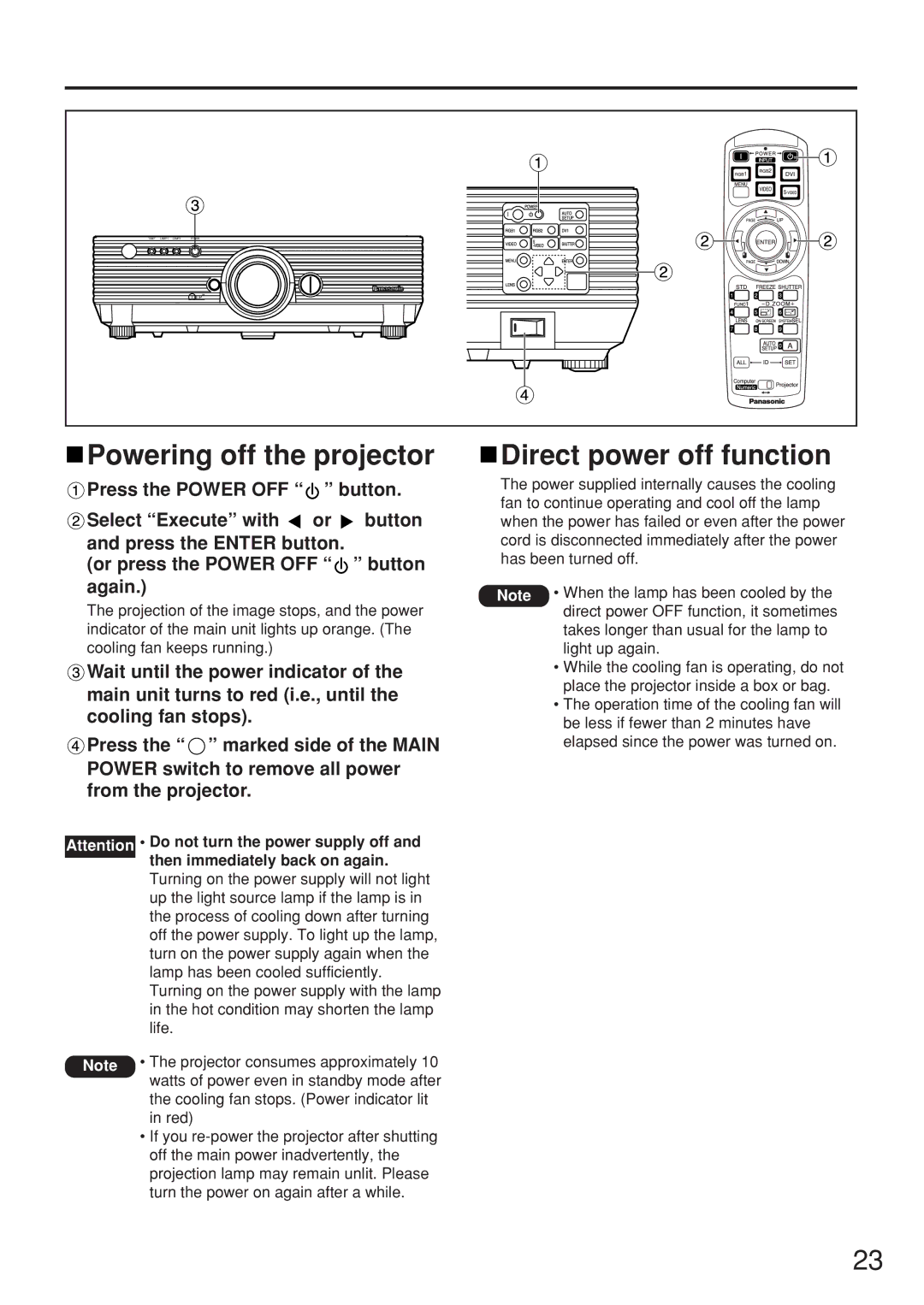 Panasonic PT-D5500UL manual Powering off the projector, Direct power off function 