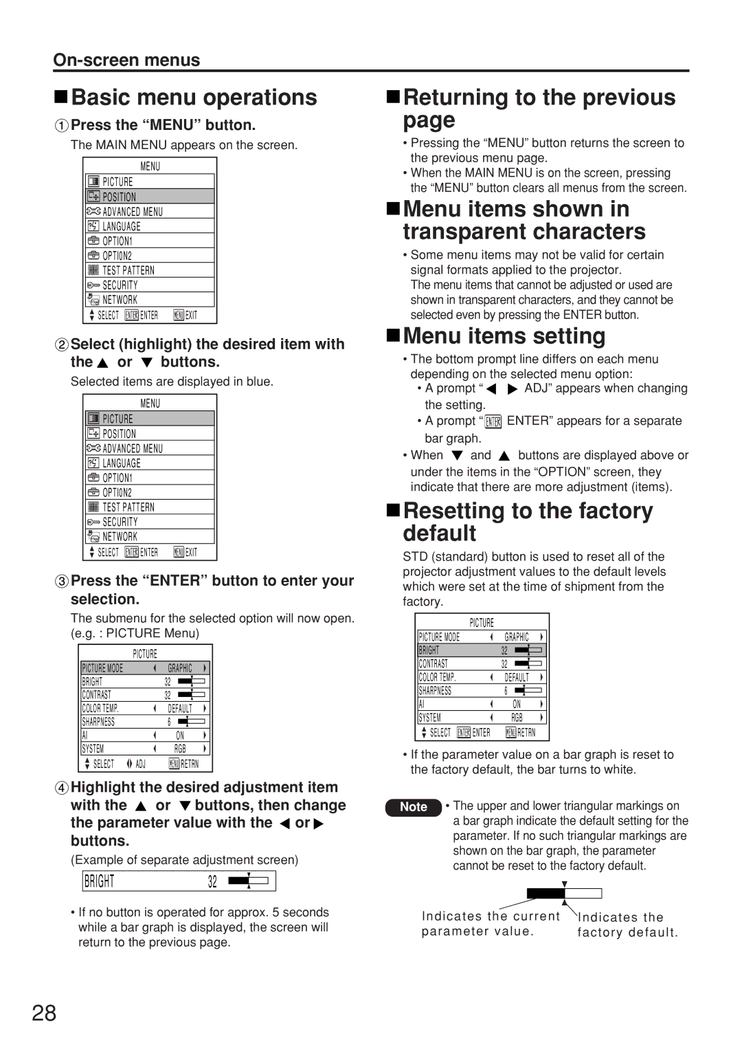 Panasonic PT-D5500U manual Basic menu operations, Returning to the previous, Menu items shown in transparent characters 