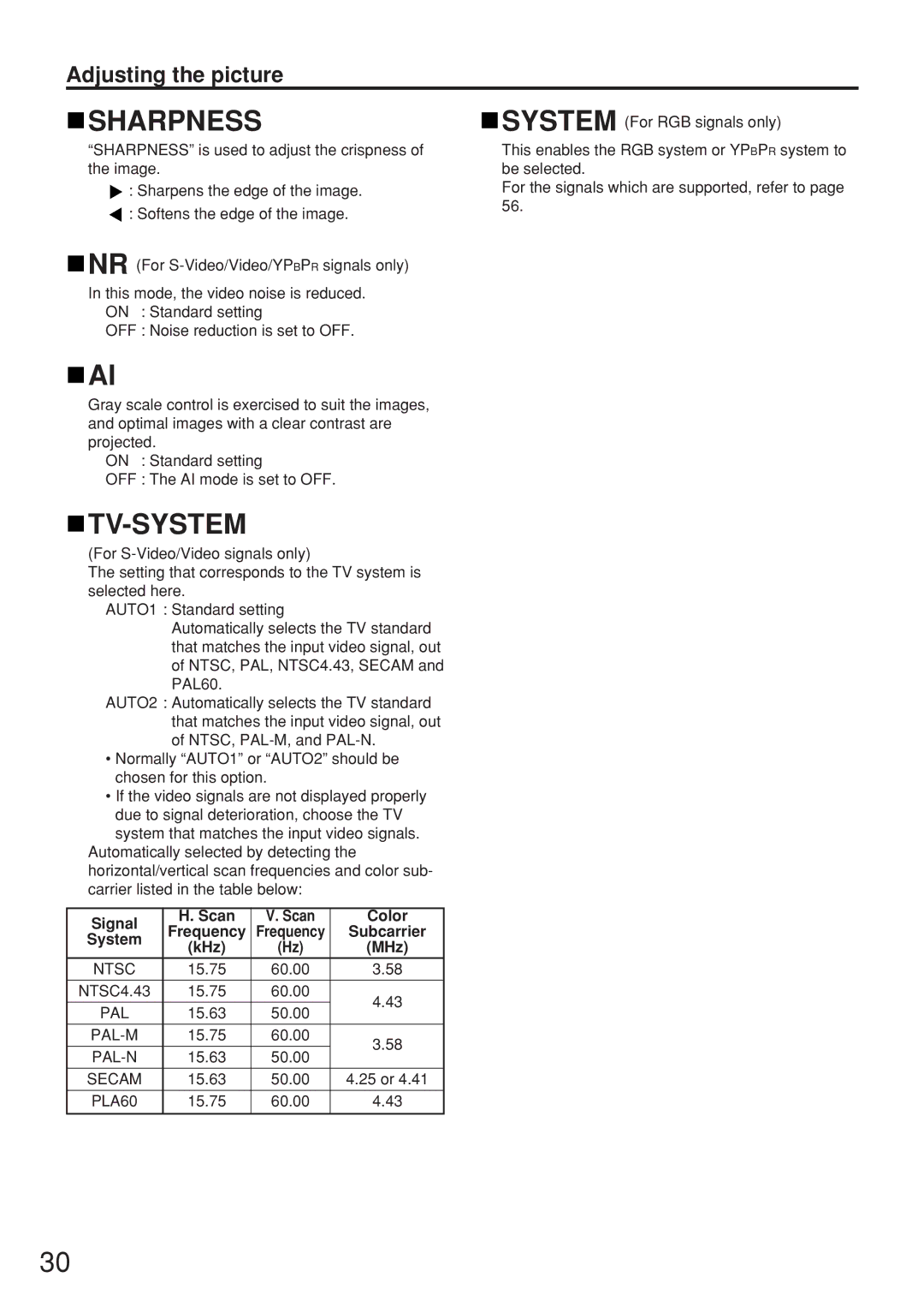 Panasonic PT-D5500UL manual Signal Scan Color Frequency, Subcarrier, System, KHz MHz 