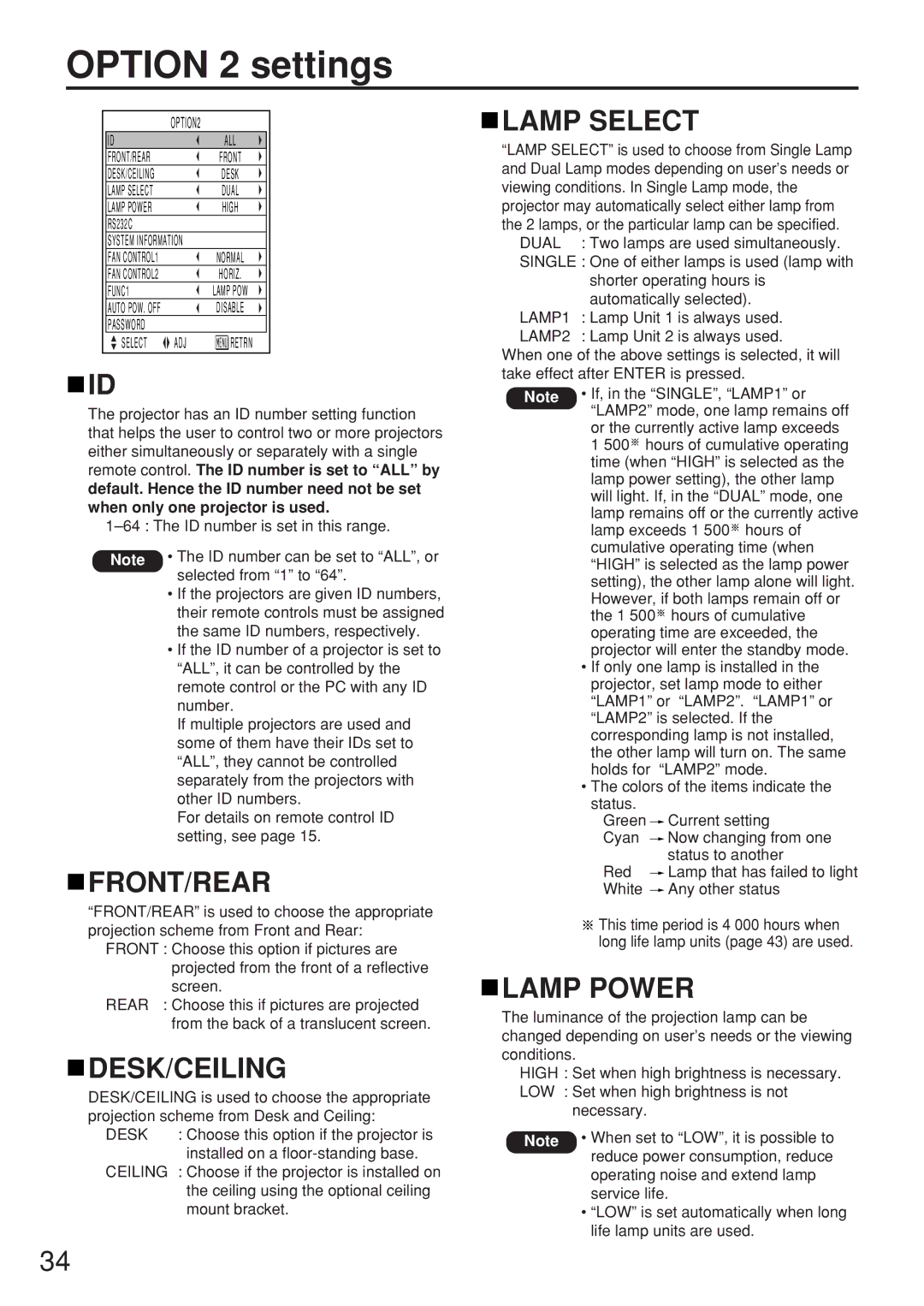 Panasonic PT-D5500UL manual Option 2 settings, Dual, LAMP1, LAMP2 