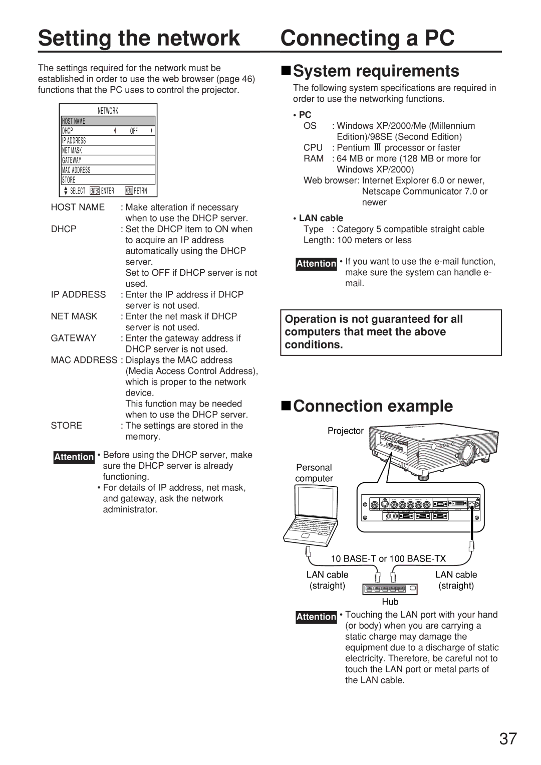 Panasonic PT-D5500UL manual Setting the network Connecting a PC, System requirements, Connection example, LAN cable 