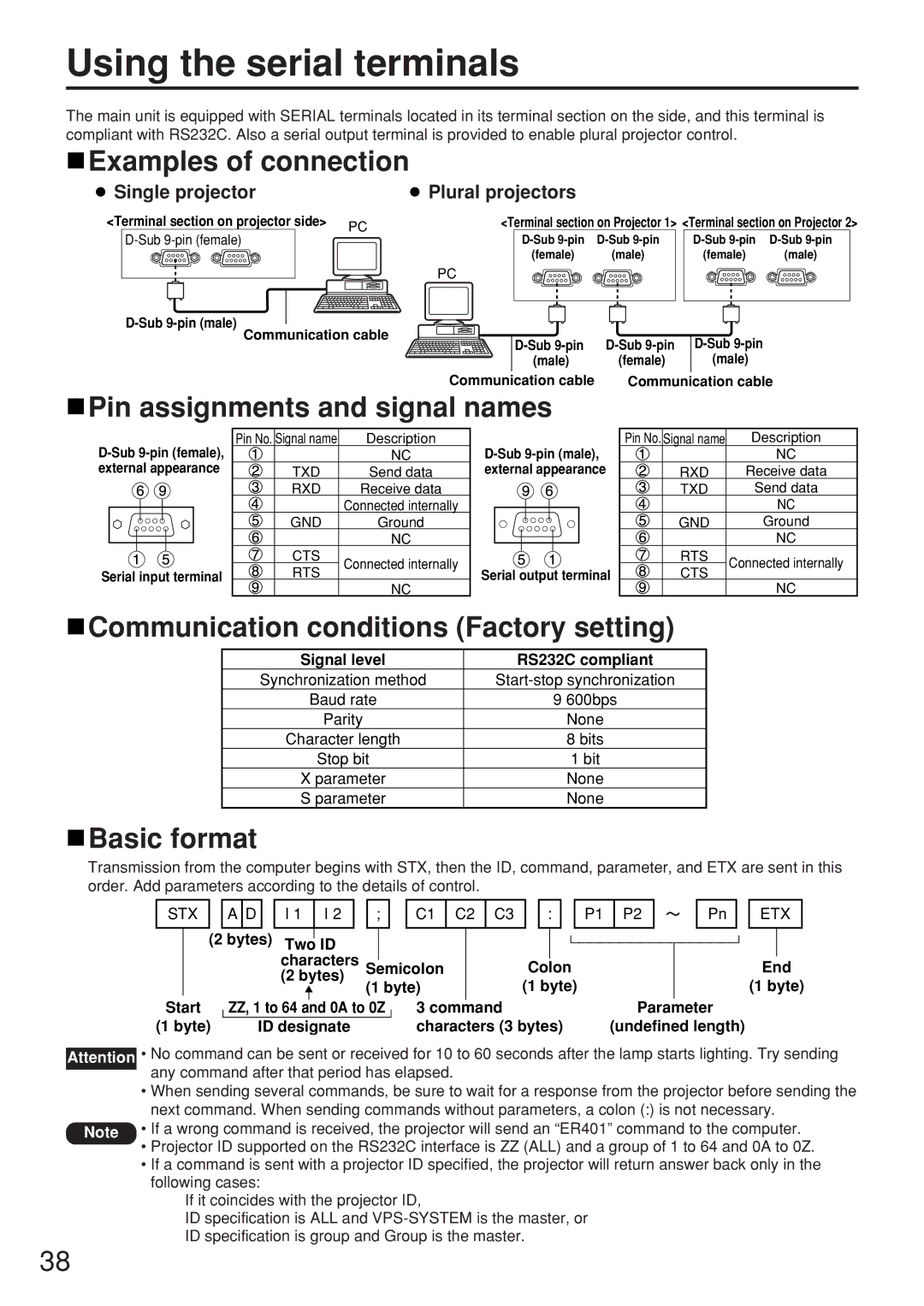 Panasonic PT-D5500U Using the serial terminals, Examples of connection, Pin assignments and signal names, Basic format 