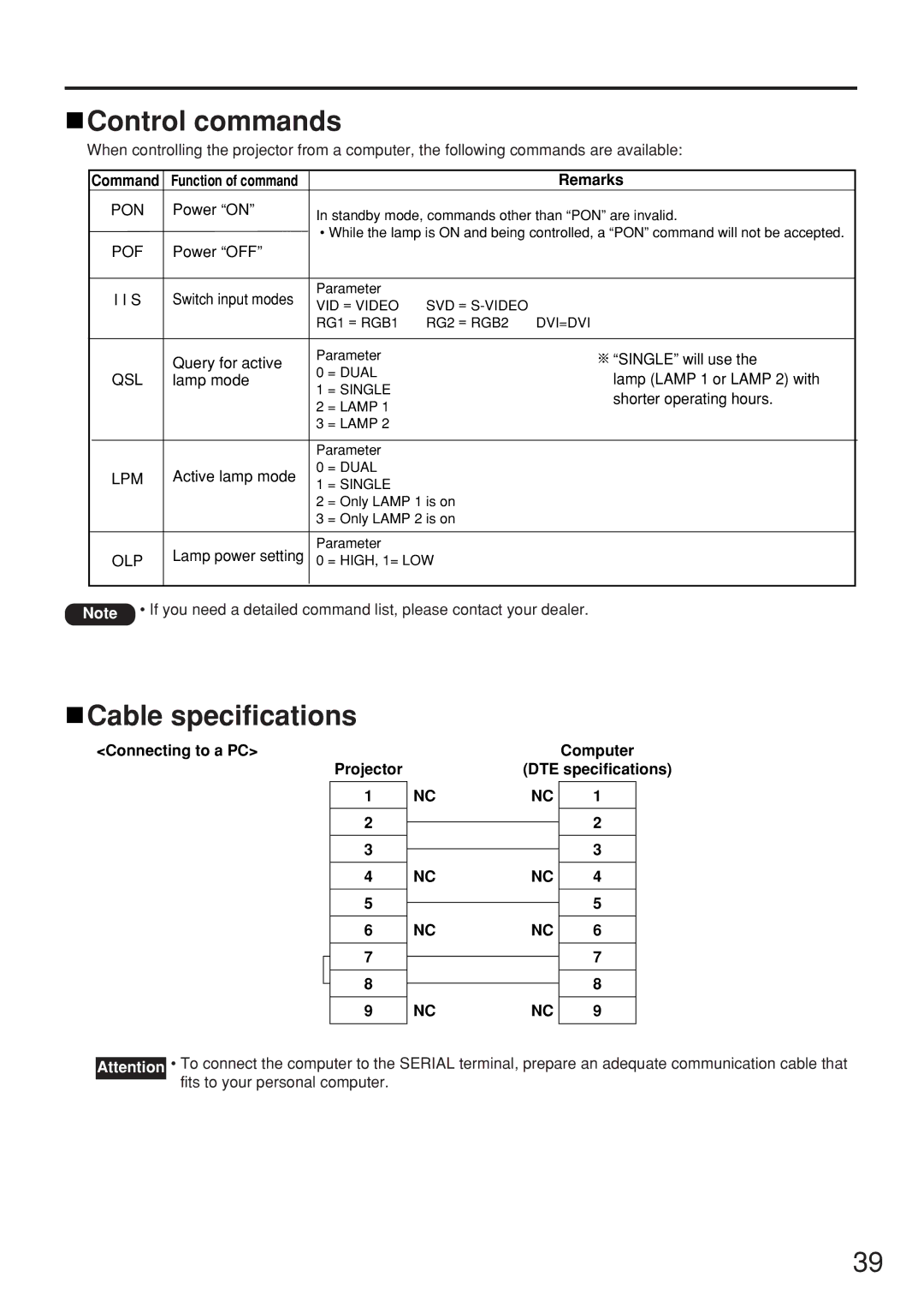 Panasonic PT-D5500UL manual Control commands, Cable specifications, Remarks 