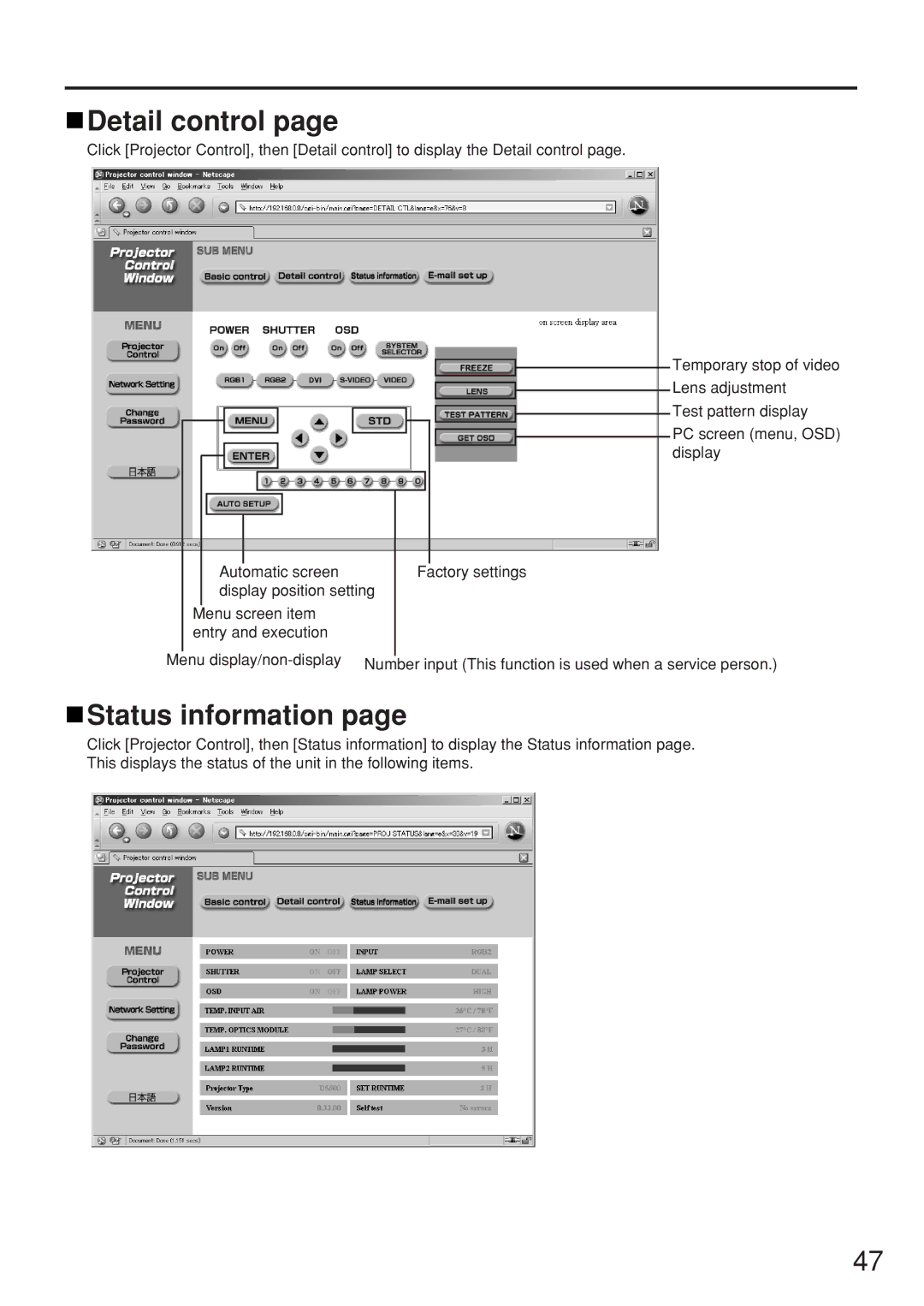 Panasonic PT-D5500UL manual Detail control, Status information 