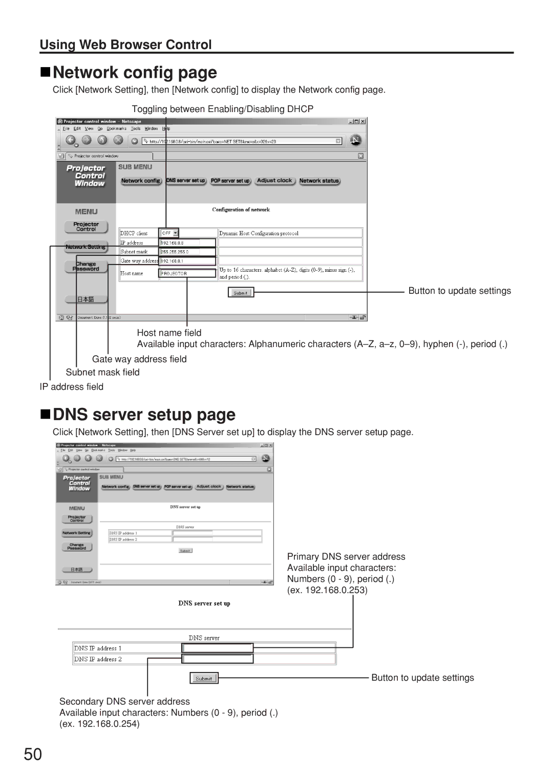 Panasonic PT-D5500UL manual Network config, DNS server setup 