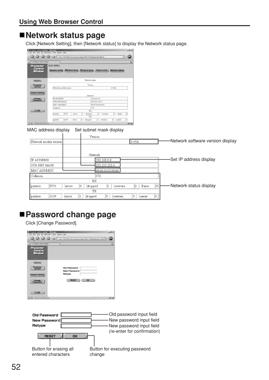 Panasonic PT-D5500UL manual Network status, Password change 