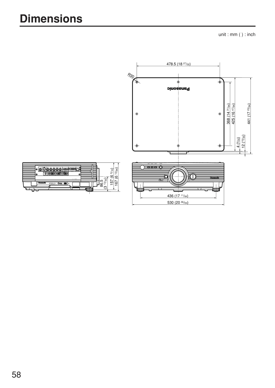 Panasonic PT-D5500UL manual Dimensions, Unit mm inch 