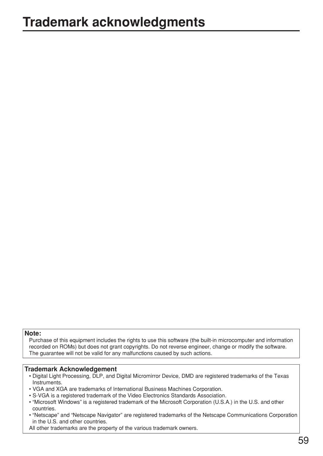 Panasonic PT-D5500UL manual Trademark acknowledgments, Trademark Acknowledgement 