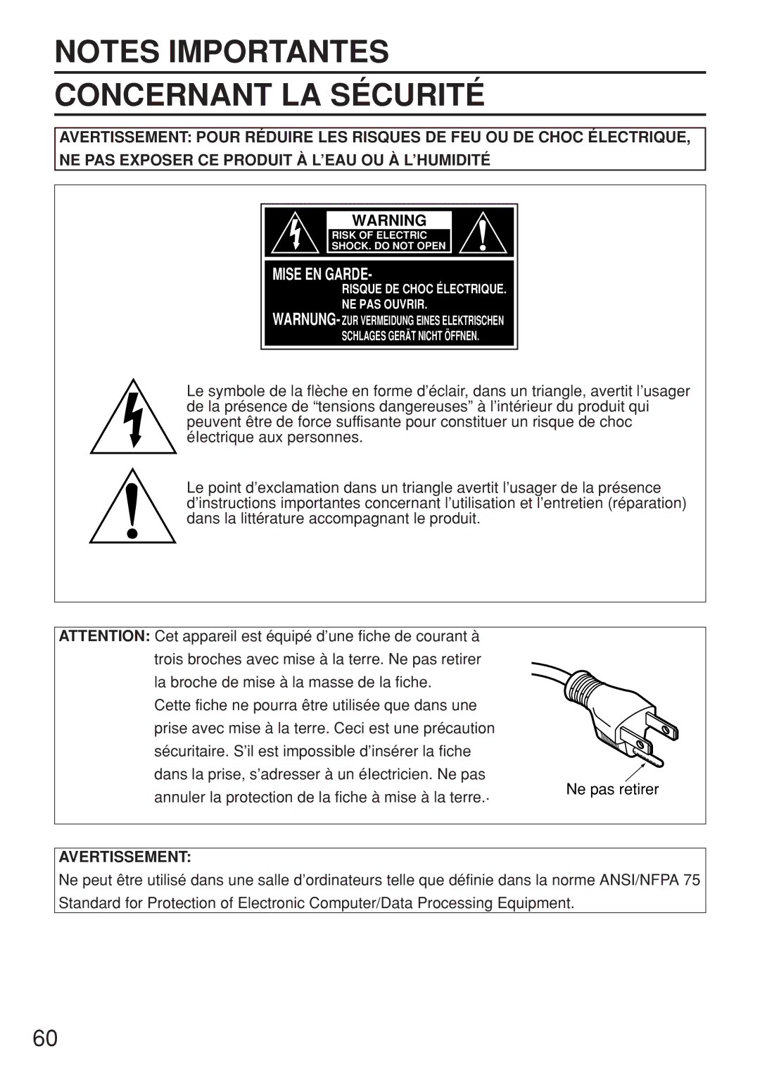 Panasonic PT-D5500UL manual Concernant LA Sécurité 