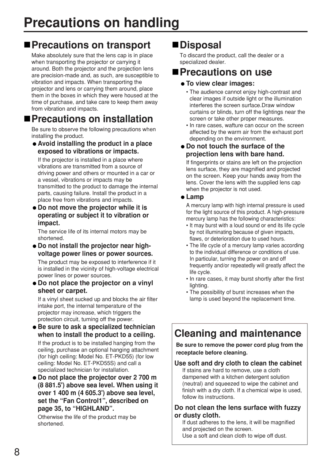 Panasonic PT-D5500UL manual Precautions on handling 