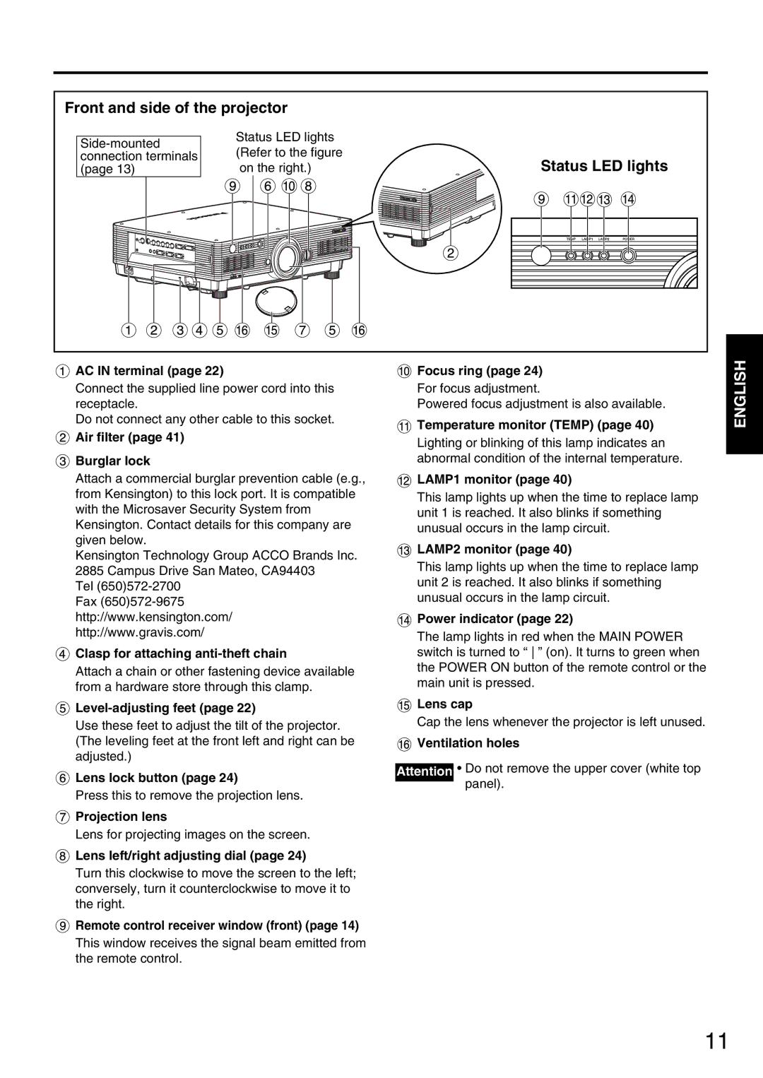 Panasonic PT-D5600EL, PT-DW5000EL, PT-DW5000E manual Front and side of the projector, Status LED lights 