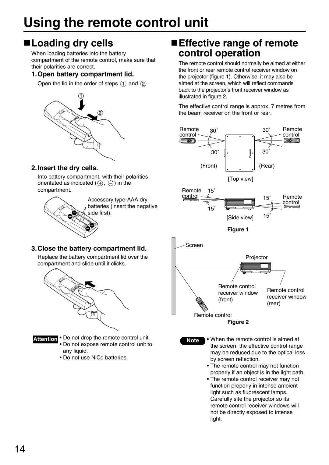 Panasonic PT-DW5000EL, PT-DW5000E, PT-D5600EL manual Using the remote control unit, Loading dry cells 