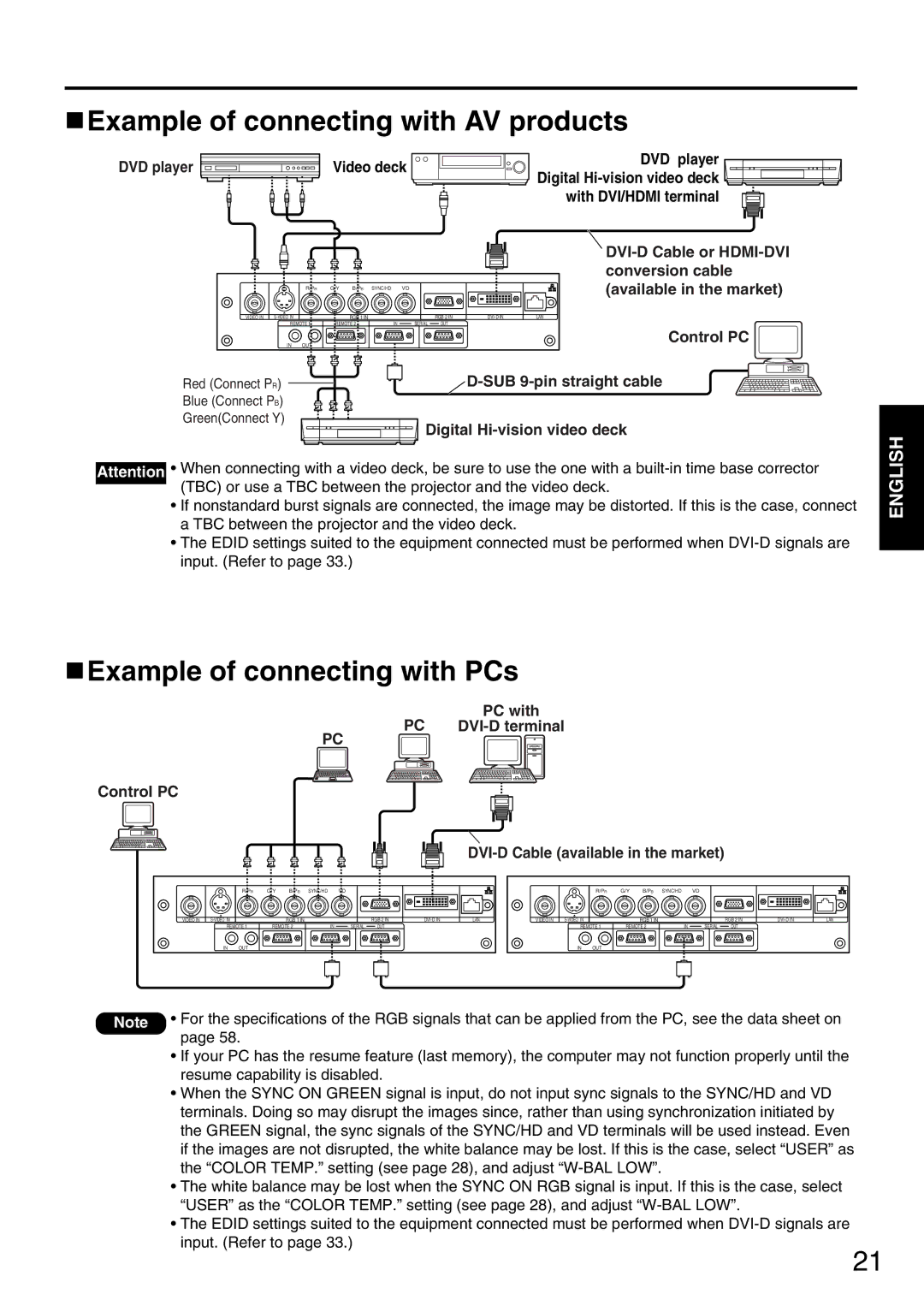 Panasonic PT-D5600EL, PT-DW5000EL, PT-DW5000E Example of connecting with AV products, Example of connecting with PCs 