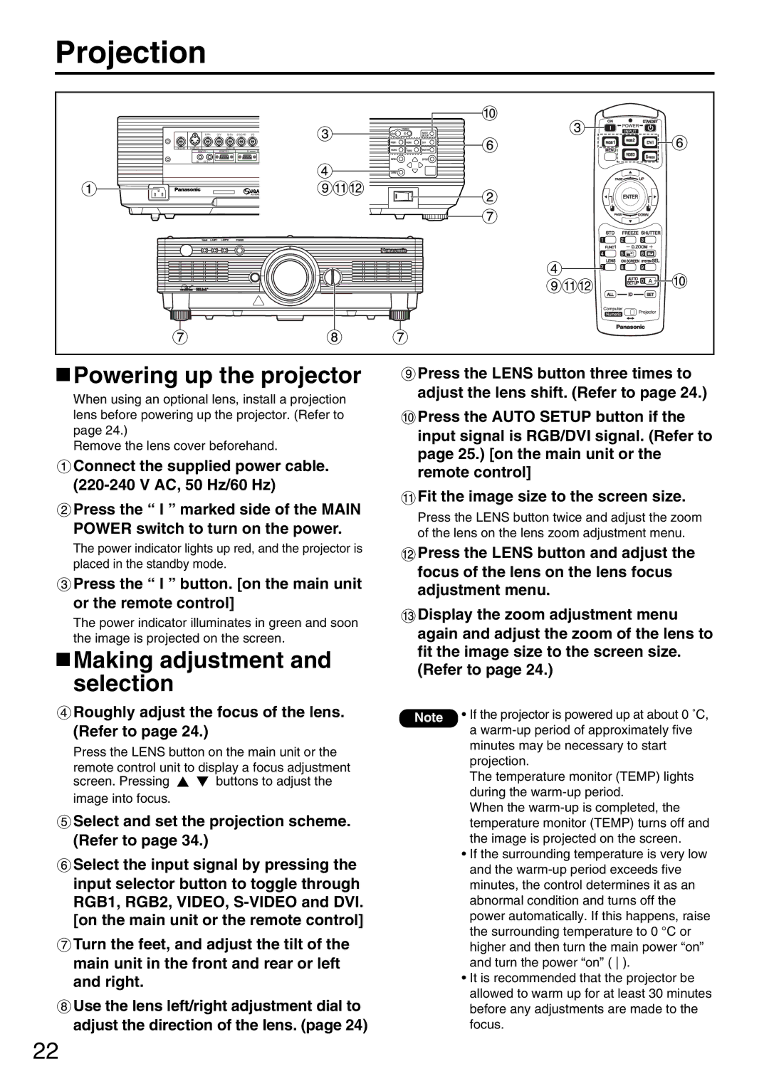 Panasonic PT-DW5000EL, PT-DW5000E, PT-D5600EL manual Projection, Powering up the projector, Making adjustment and selection 