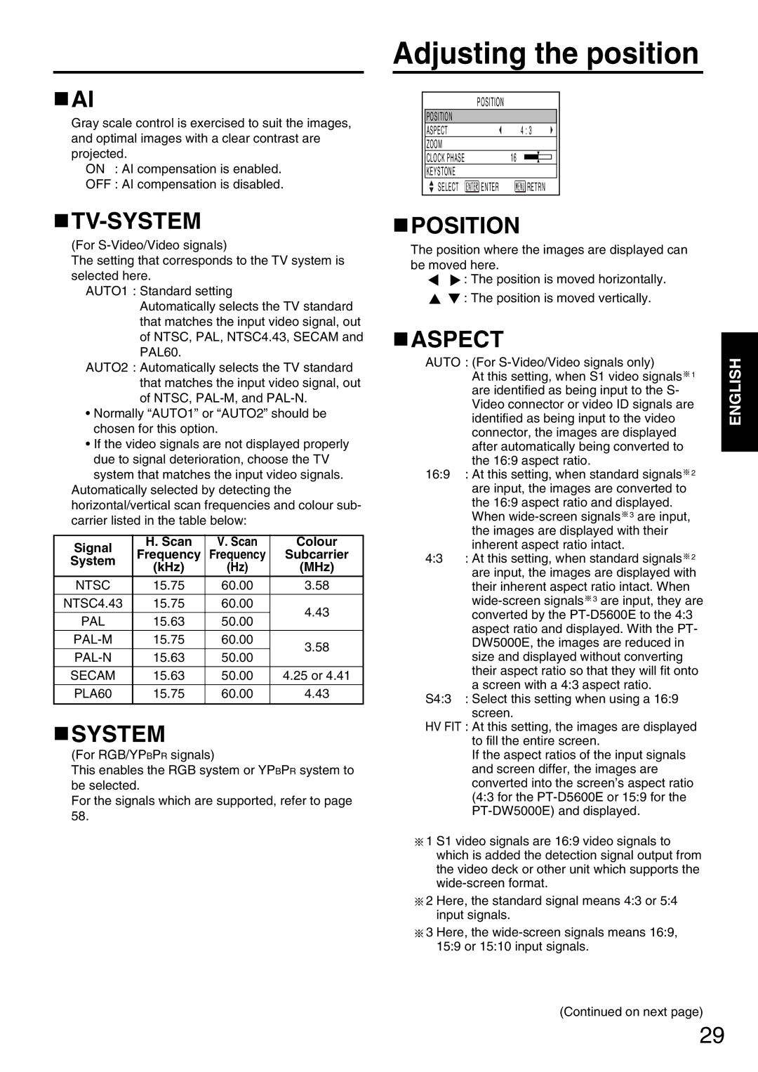 Panasonic PT-D5600EL, PT-DW5000EL, PT-DW5000E manual Adjusting the position, Tv-System, Position, Aspect 