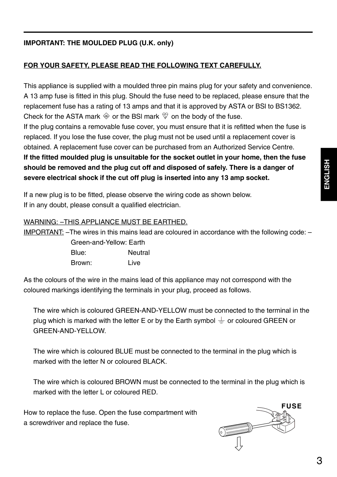 Panasonic PT-DW5000E manual Important the Moulded Plug U.K. only, For Your SAFETY, Please Read the Following Text Carefully 