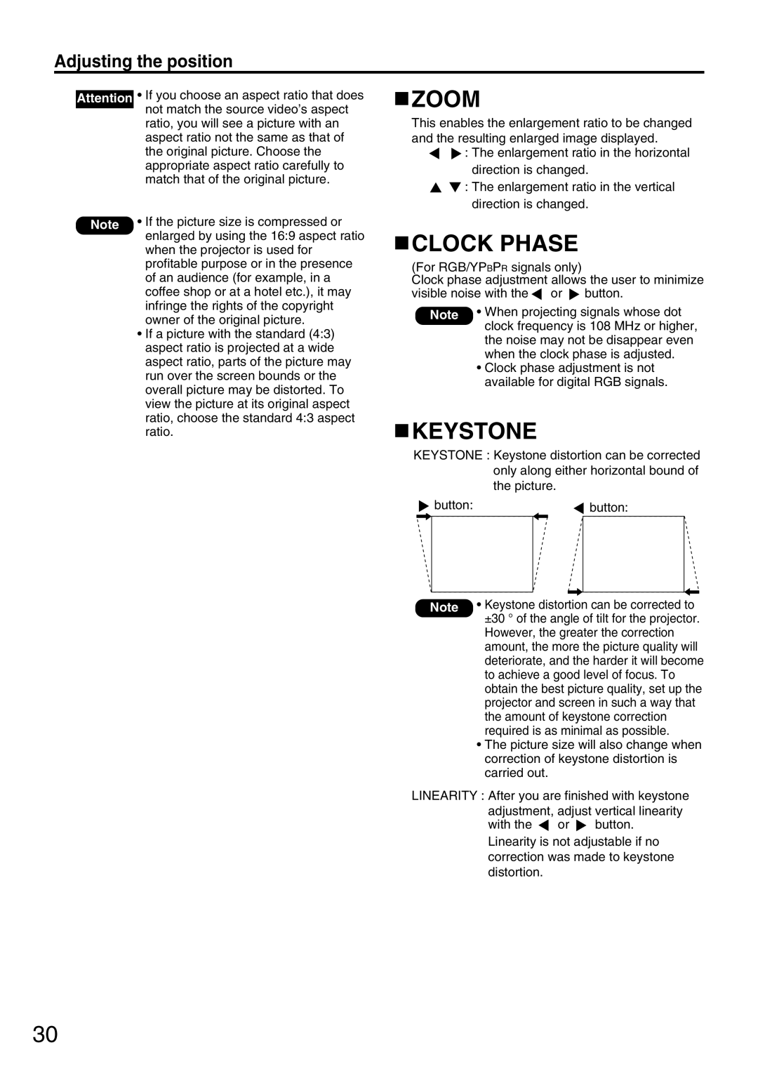 Panasonic PT-DW5000EL, PT-DW5000E, PT-D5600EL manual Zoom, Clock Phase, Keystone 