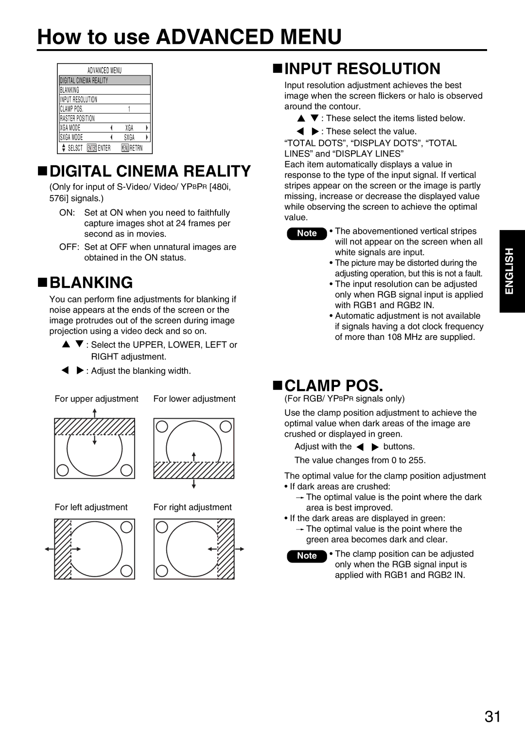 Panasonic PT-DW5000E, PT-D5600EL How to use Advanced Menu, Digital Cinema Reality, Blanking, Input Resolution, Clamp POS 