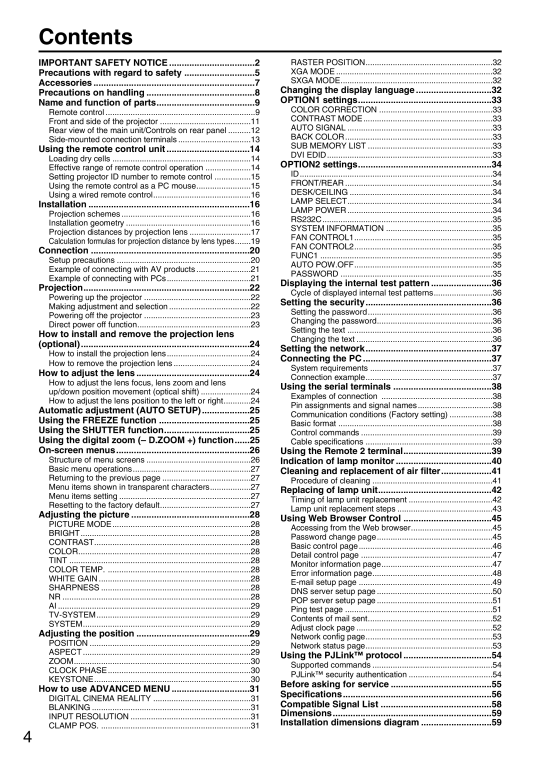 Panasonic PT-D5600EL, PT-DW5000EL, PT-DW5000E manual Contents 