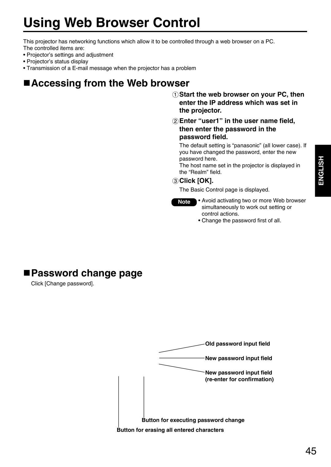 Panasonic PT-D5600EL, PT-DW5000E Using Web Browser Control, Accessing from the Web browser, Password change, Click OK 