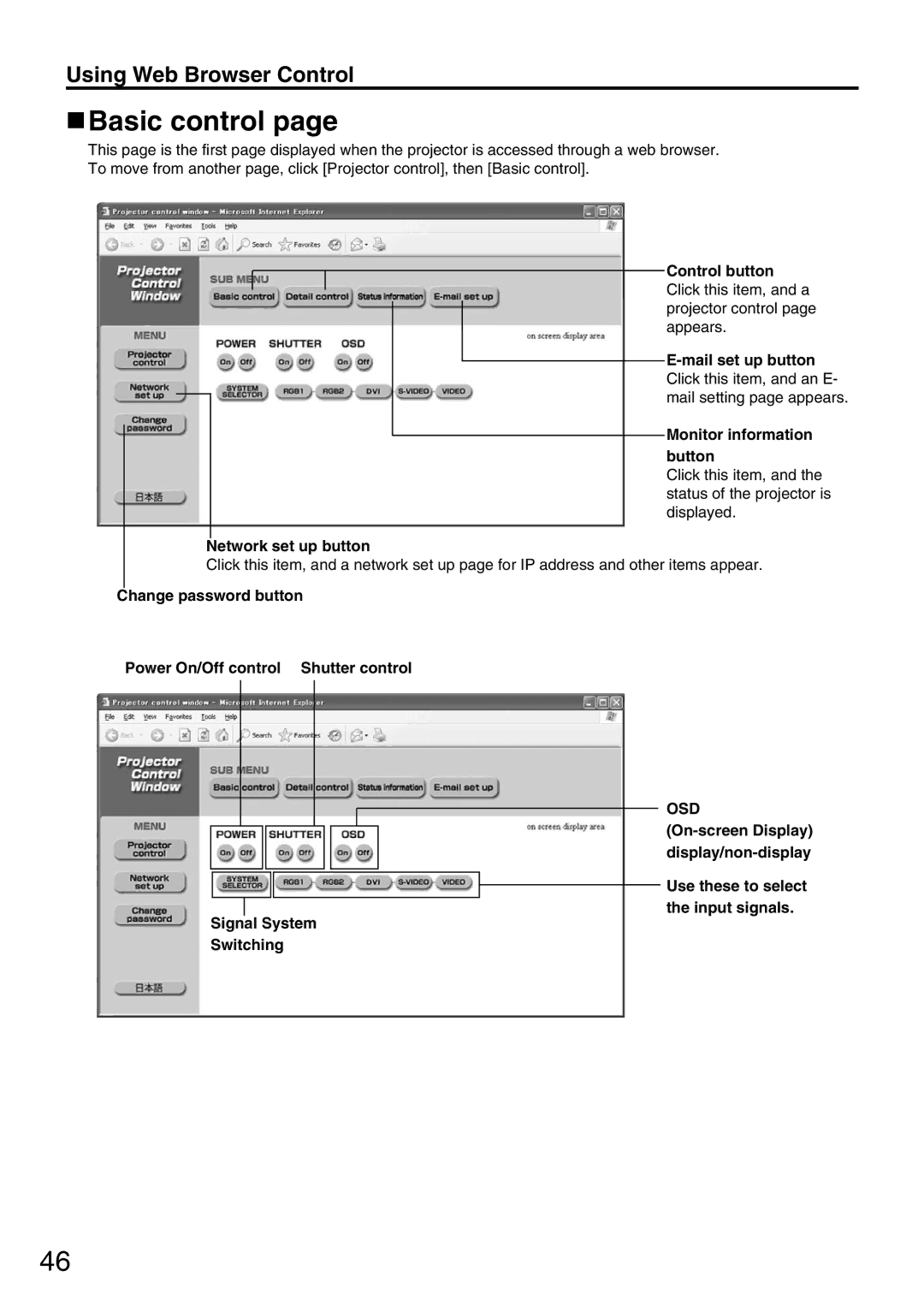 Panasonic PT-DW5000EL, PT-DW5000E, PT-D5600EL manual Basic control, Network set up button 