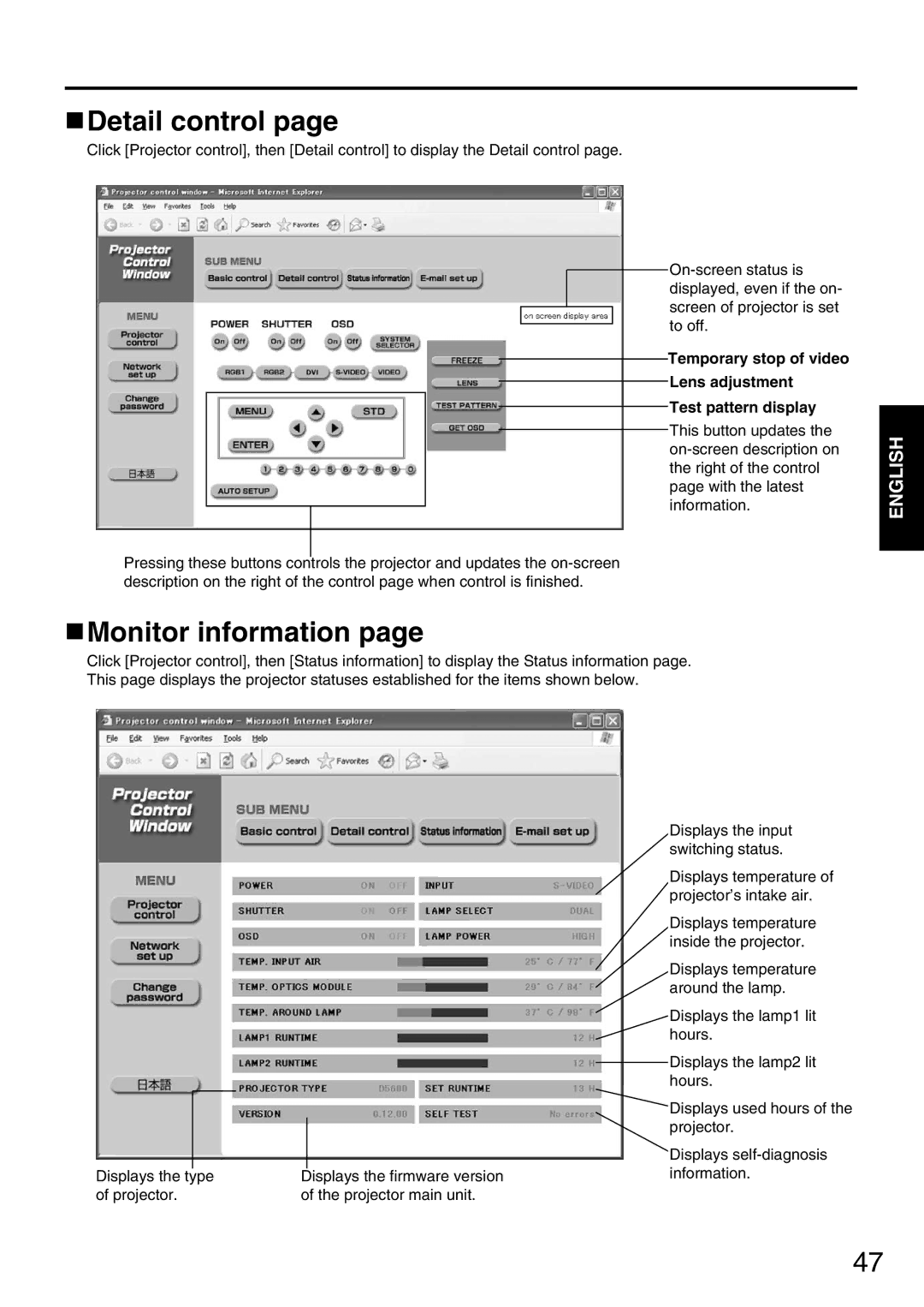 Panasonic PT-D5600EL, PT-DW5000EL, PT-DW5000E manual Detail control, Monitor information 