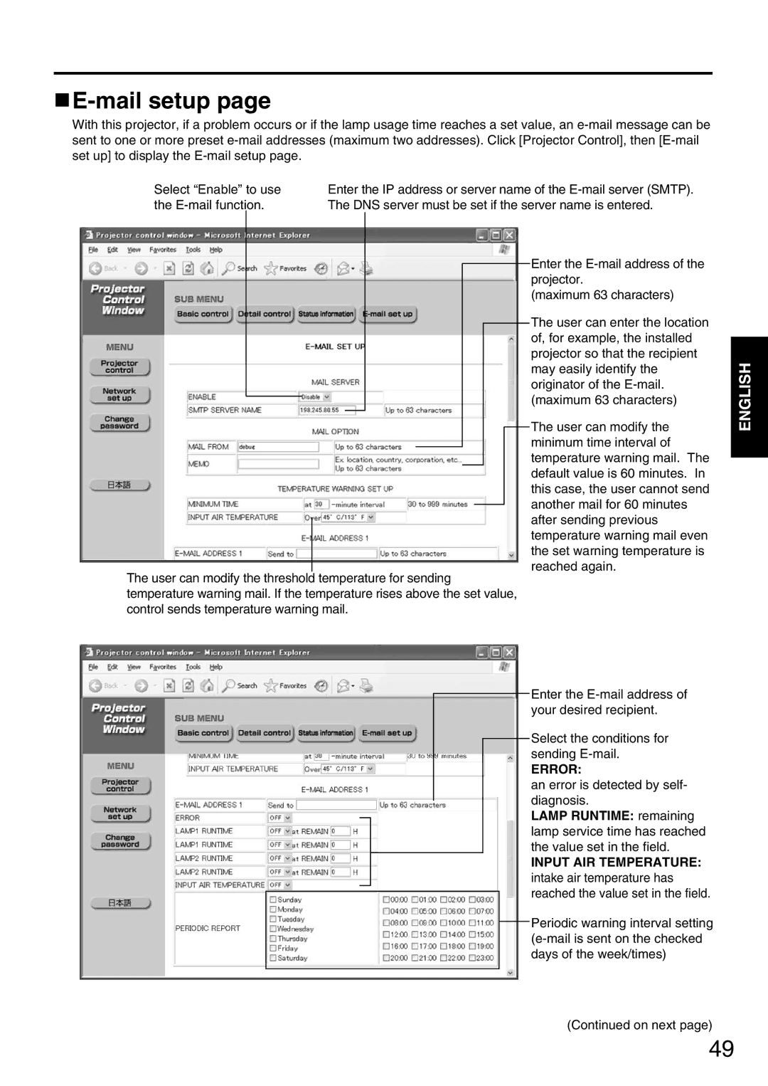 Panasonic PT-D5600EL, PT-DW5000EL, PT-DW5000E manual Mail setup, Error 