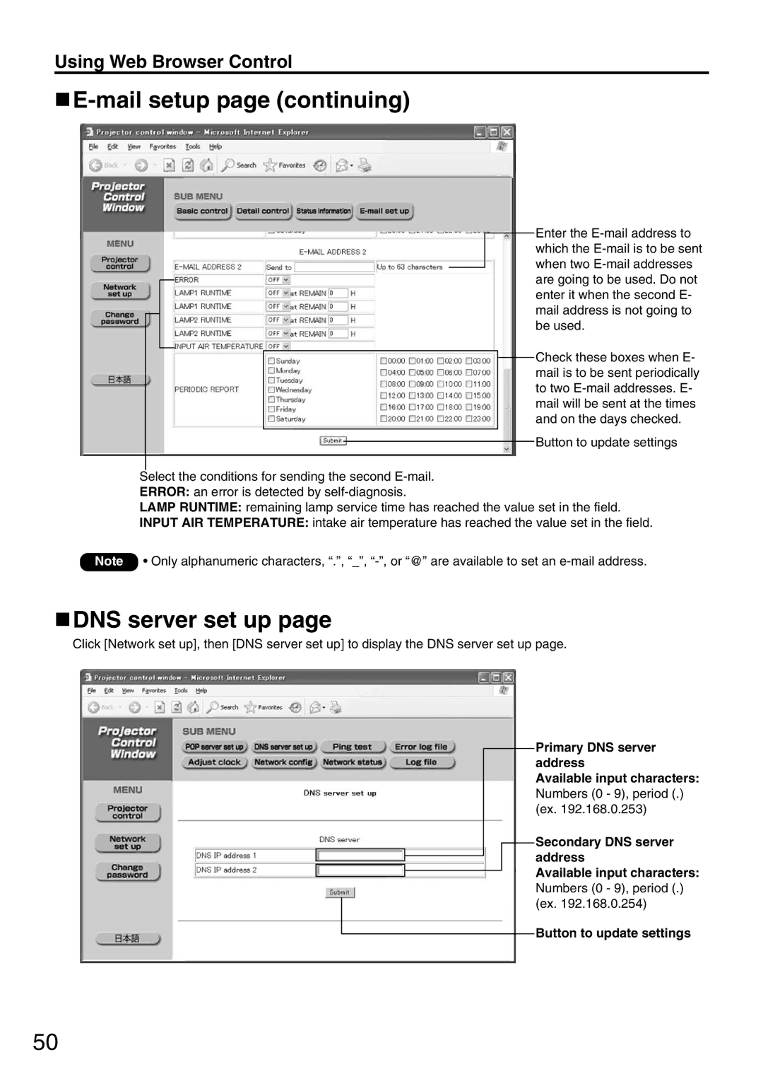 Panasonic PT-DW5000EL, PT-DW5000E, PT-D5600EL manual Mail setup page continuing, DNS server set up 