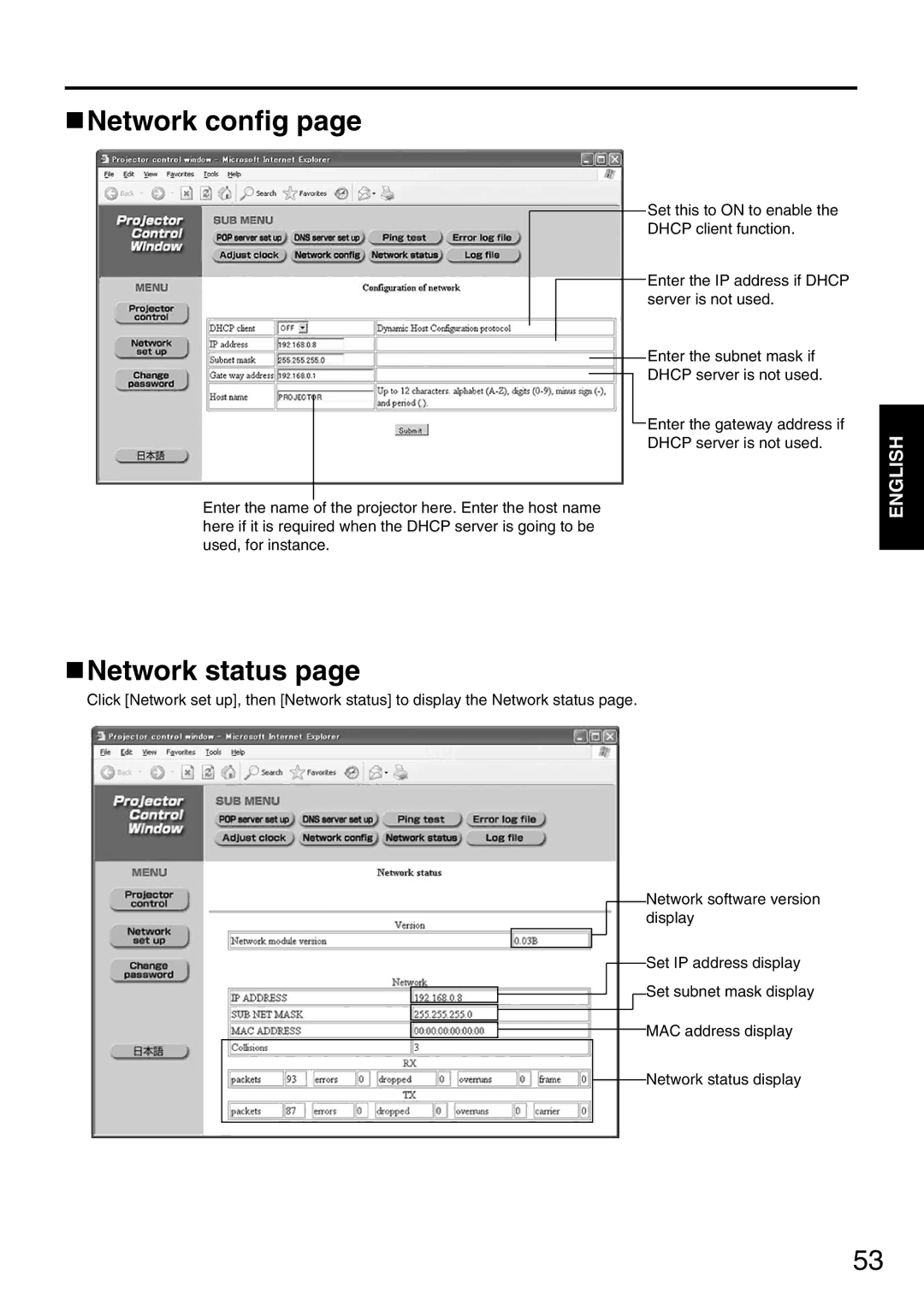 Panasonic PT-D5600EL, PT-DW5000EL, PT-DW5000E manual Network config, Network status 