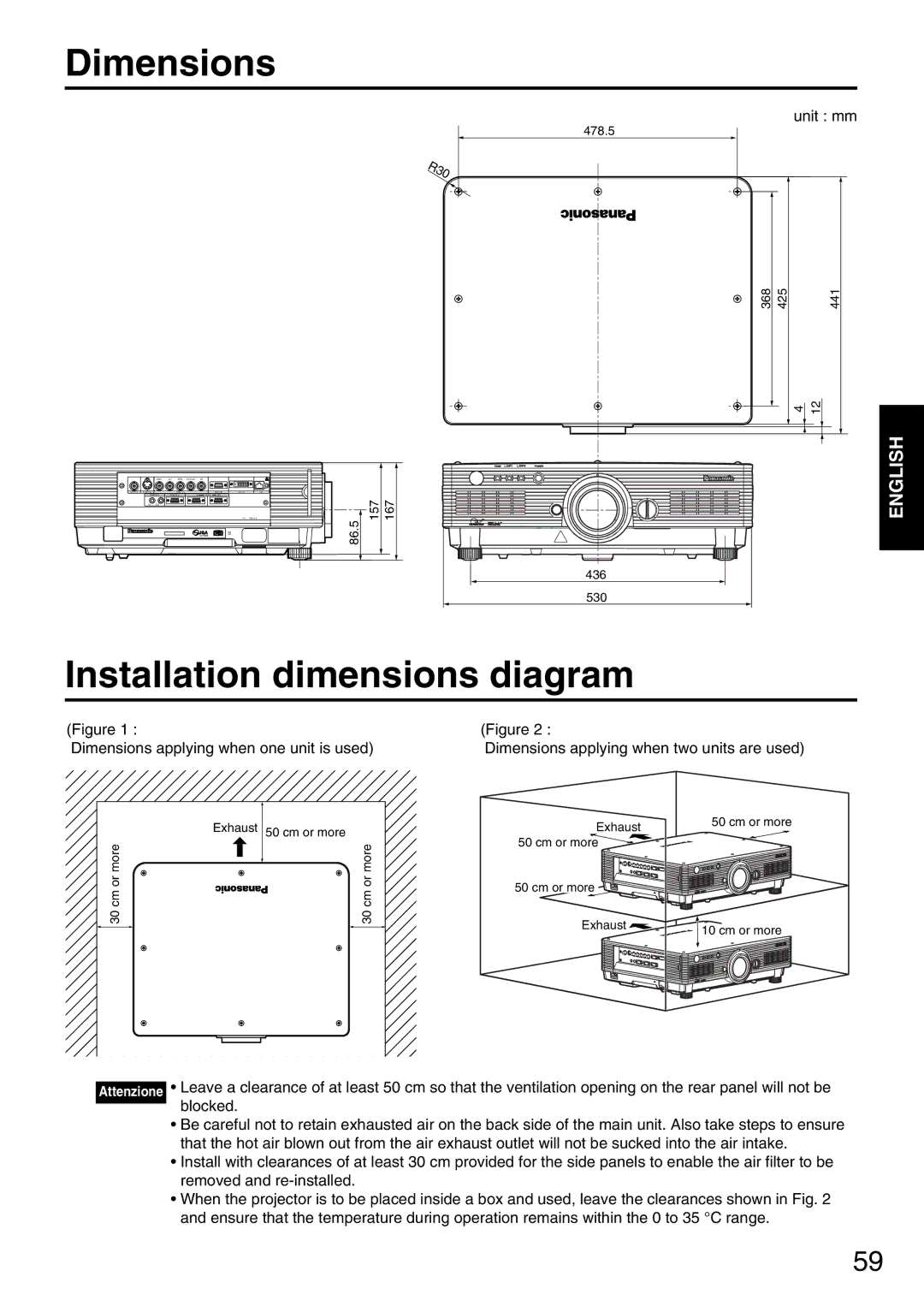 Panasonic PT-D5600EL, PT-DW5000EL, PT-DW5000E manual Dimensions, Installation dimensions diagram 