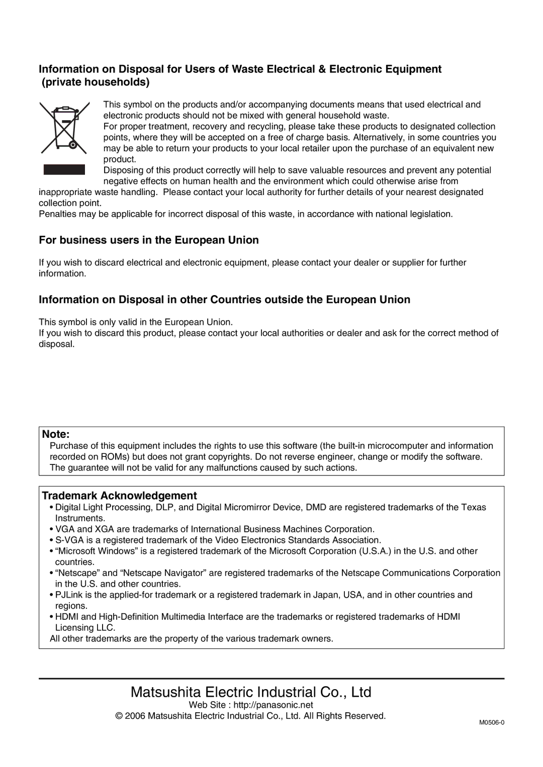 Panasonic PT-D5600EL, PT-DW5000EL, PT-DW5000E manual For business users in the European Union, Trademark Acknowledgement 