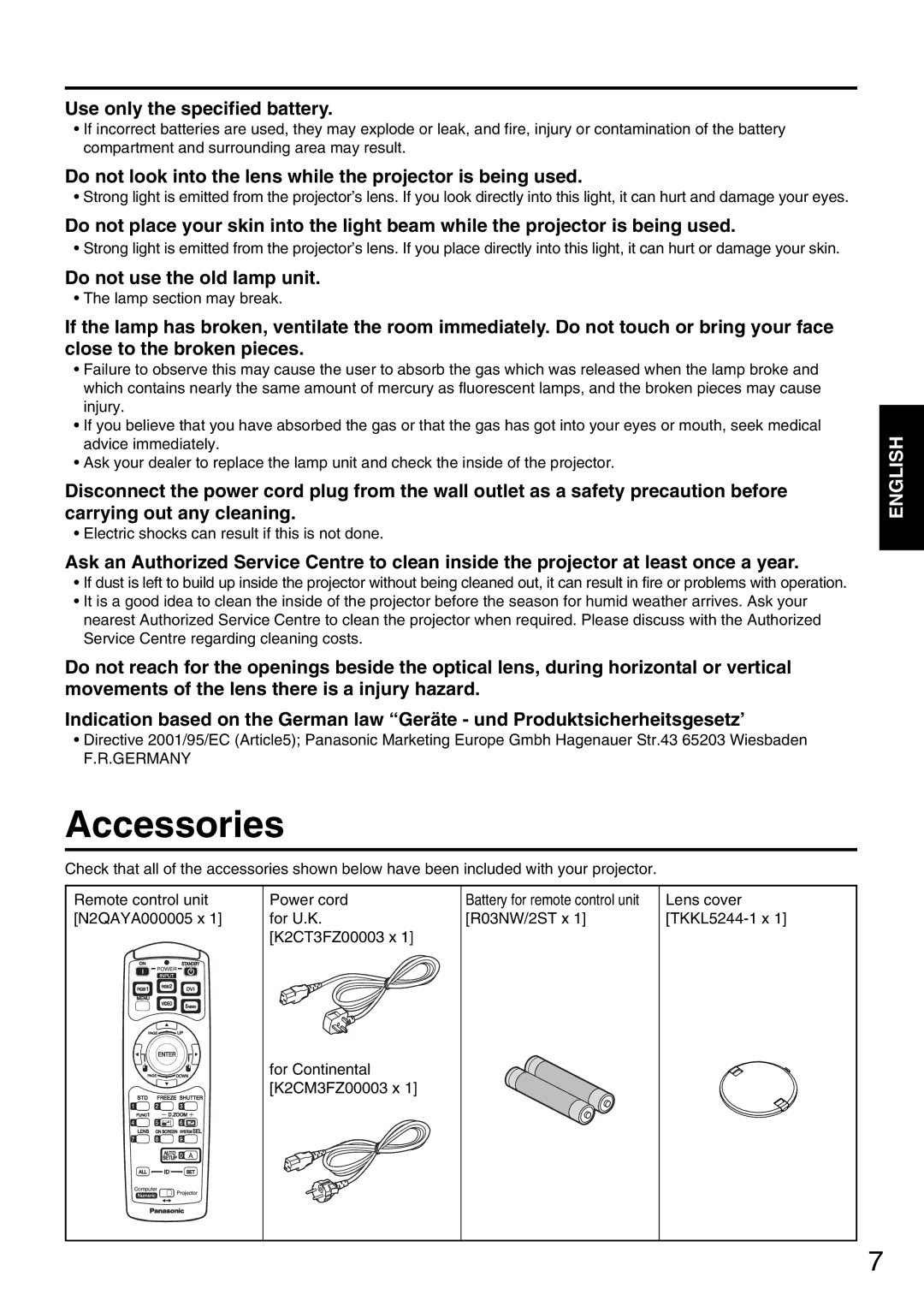 Panasonic PT-DW5000E, PT-D5600EL manual Accessories, Use only the specified battery, Do not use the old lamp unit, Germany 