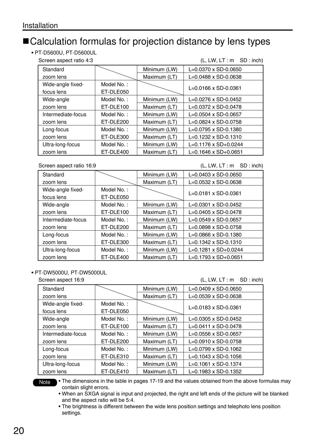 Panasonic PT-D5600UL, PT-DW5000U manual Calculation formulas for projection distance by lens types 