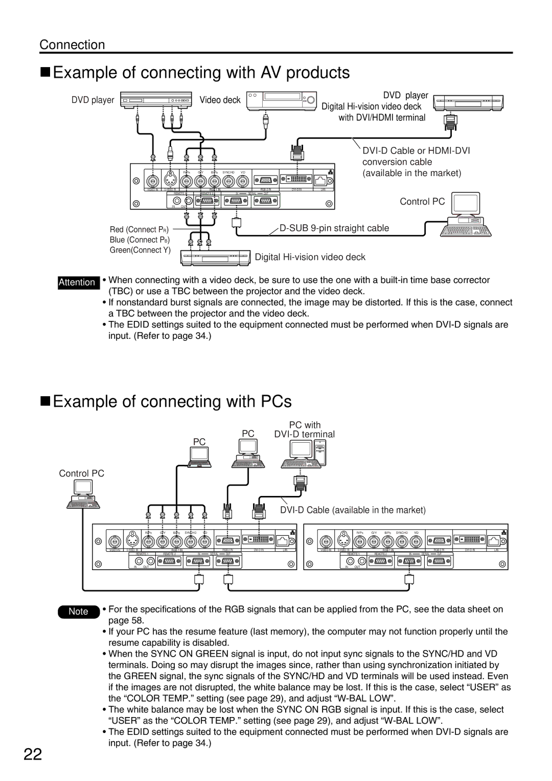 Panasonic PT-DW5000U, PT-D5600UL manual Example of connecting with AV products, Example of connecting with PCs 