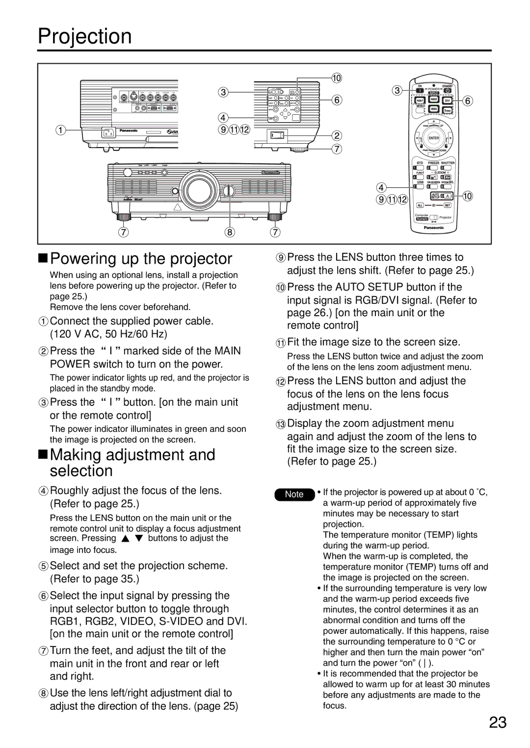 Panasonic PT-D5600UL, PT-DW5000U manual Projection, Powering up the projector, Making adjustment and selection 