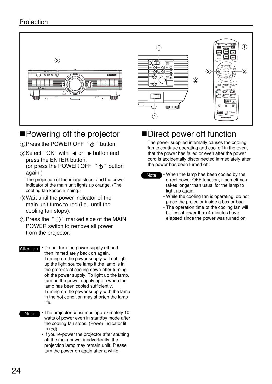 Panasonic PT-D5600UL, PT-DW5000U manual Powering off the projector, Direct power off function 