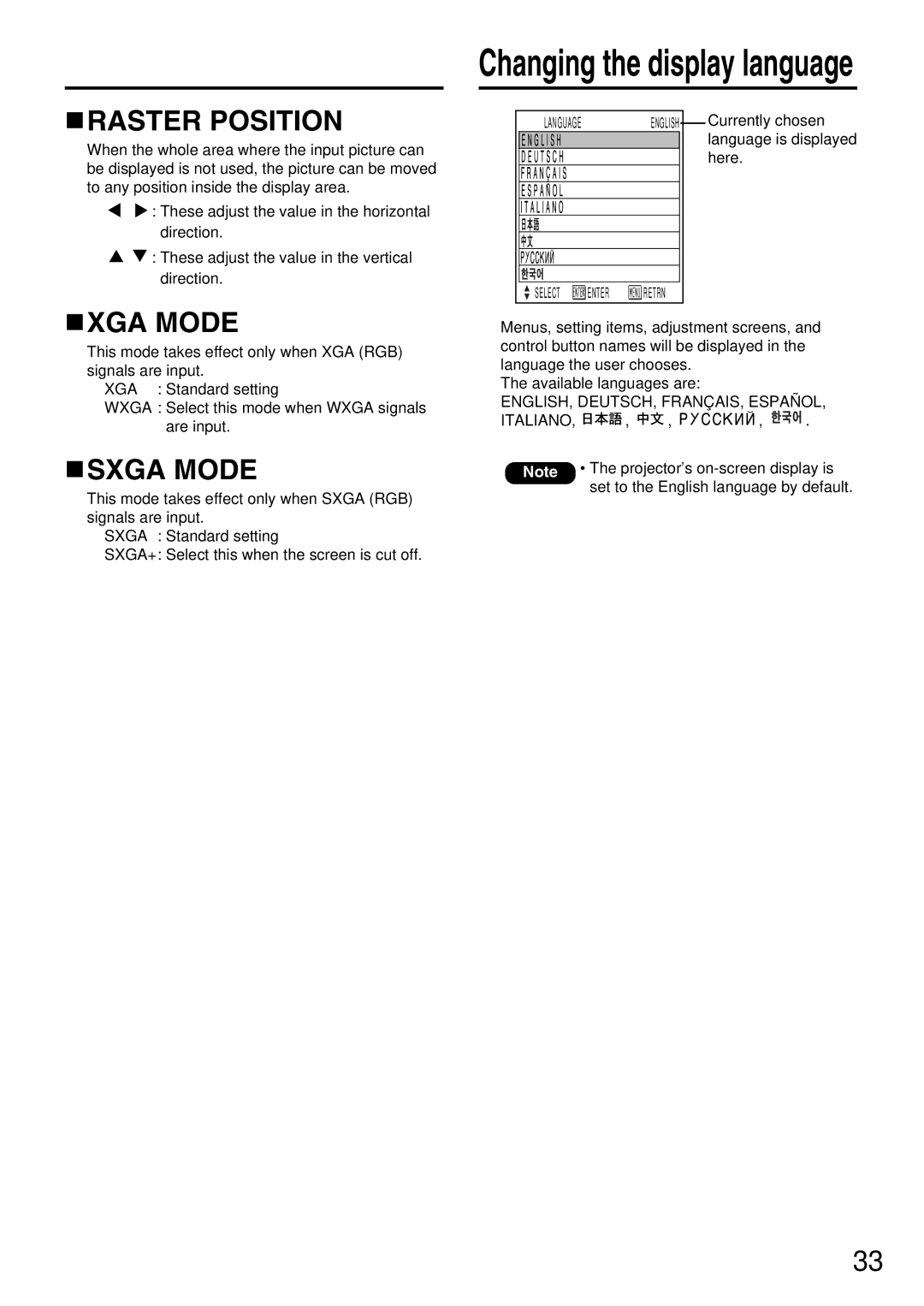 Panasonic PT-D5600UL, PT-DW5000U manual Raster Position, XGA Mode, Sxga Mode 