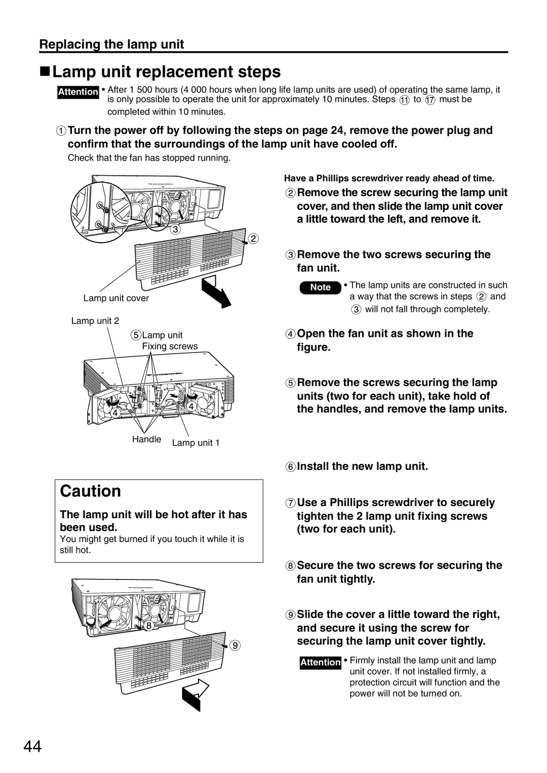 Panasonic PT-D5600UL, PT-DW5000U manual Lamp unit replacement steps, Remove the two screws securing the fan unit 