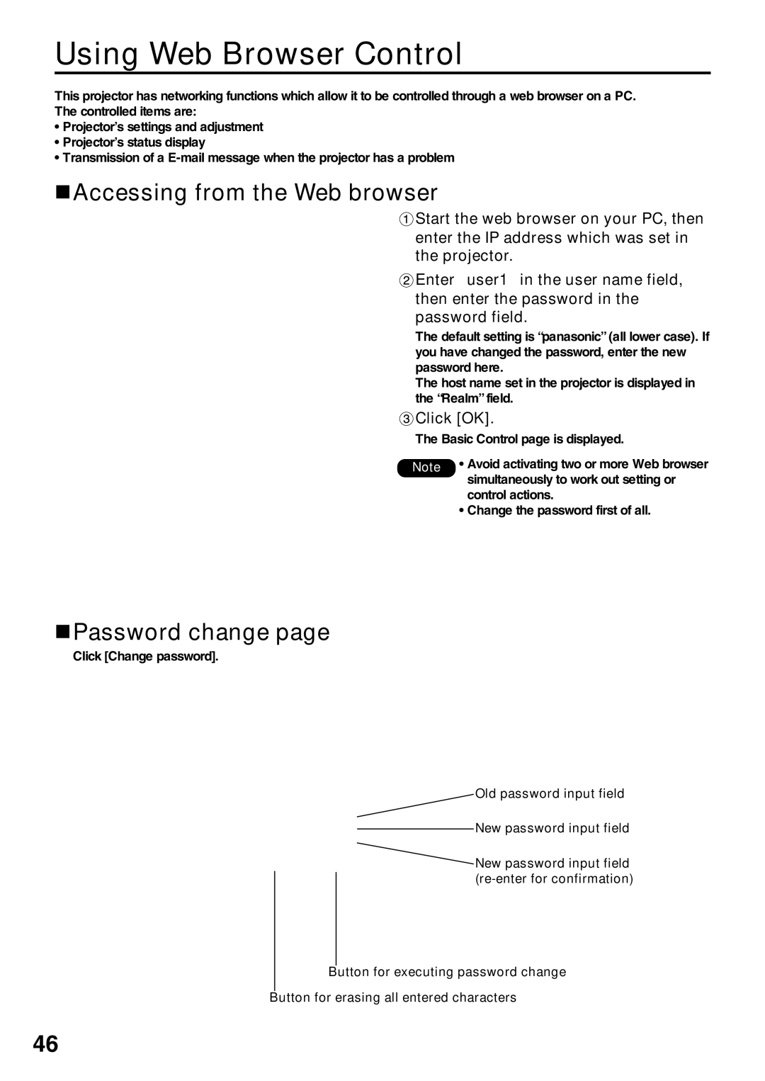 Panasonic PT-DW5000U, PT-D5600UL manual Using Web Browser Control, Accessing from the Web browser, Password change, Click OK 