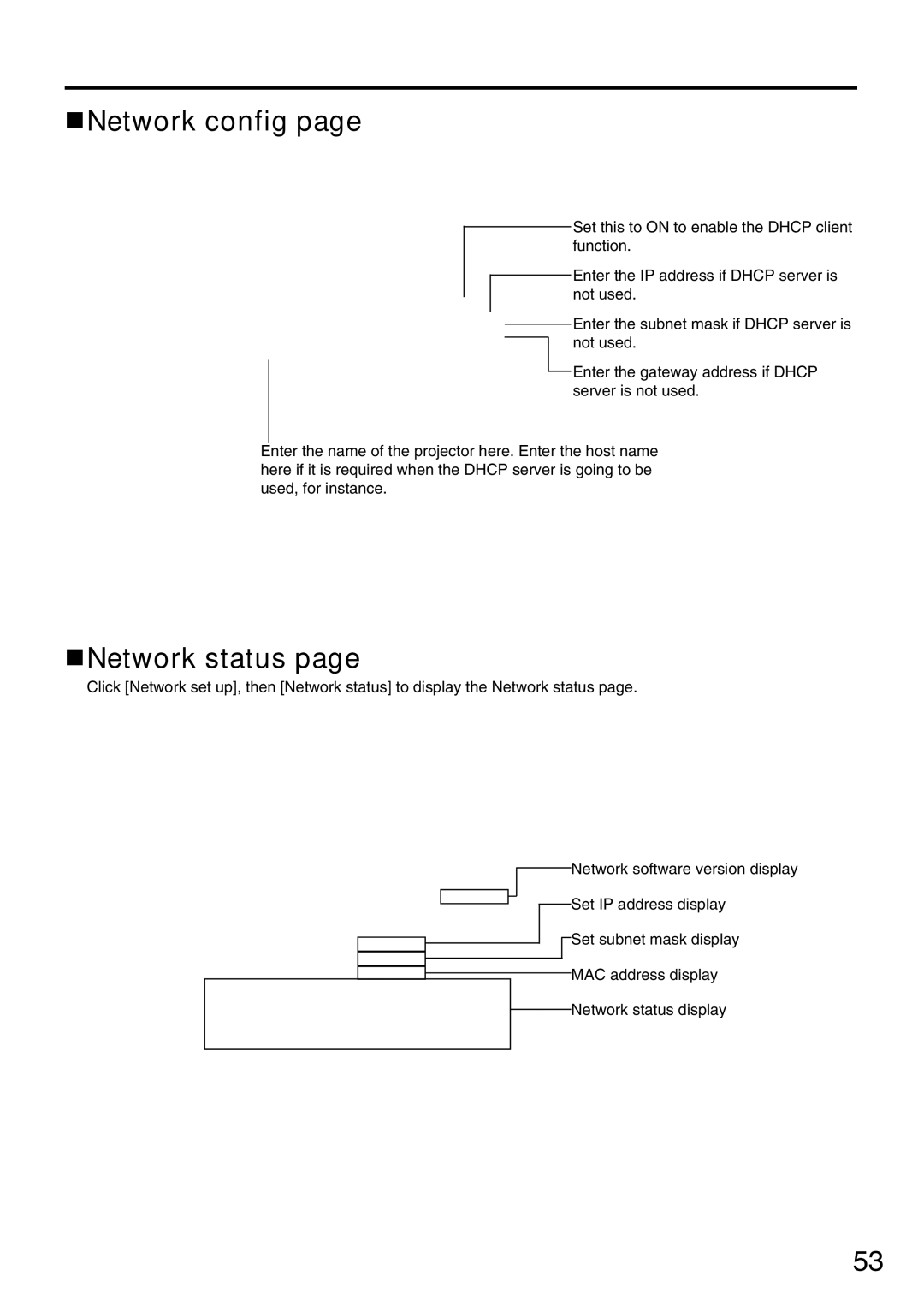 Panasonic PT-D5600UL, PT-DW5000U manual Network config, Network status 