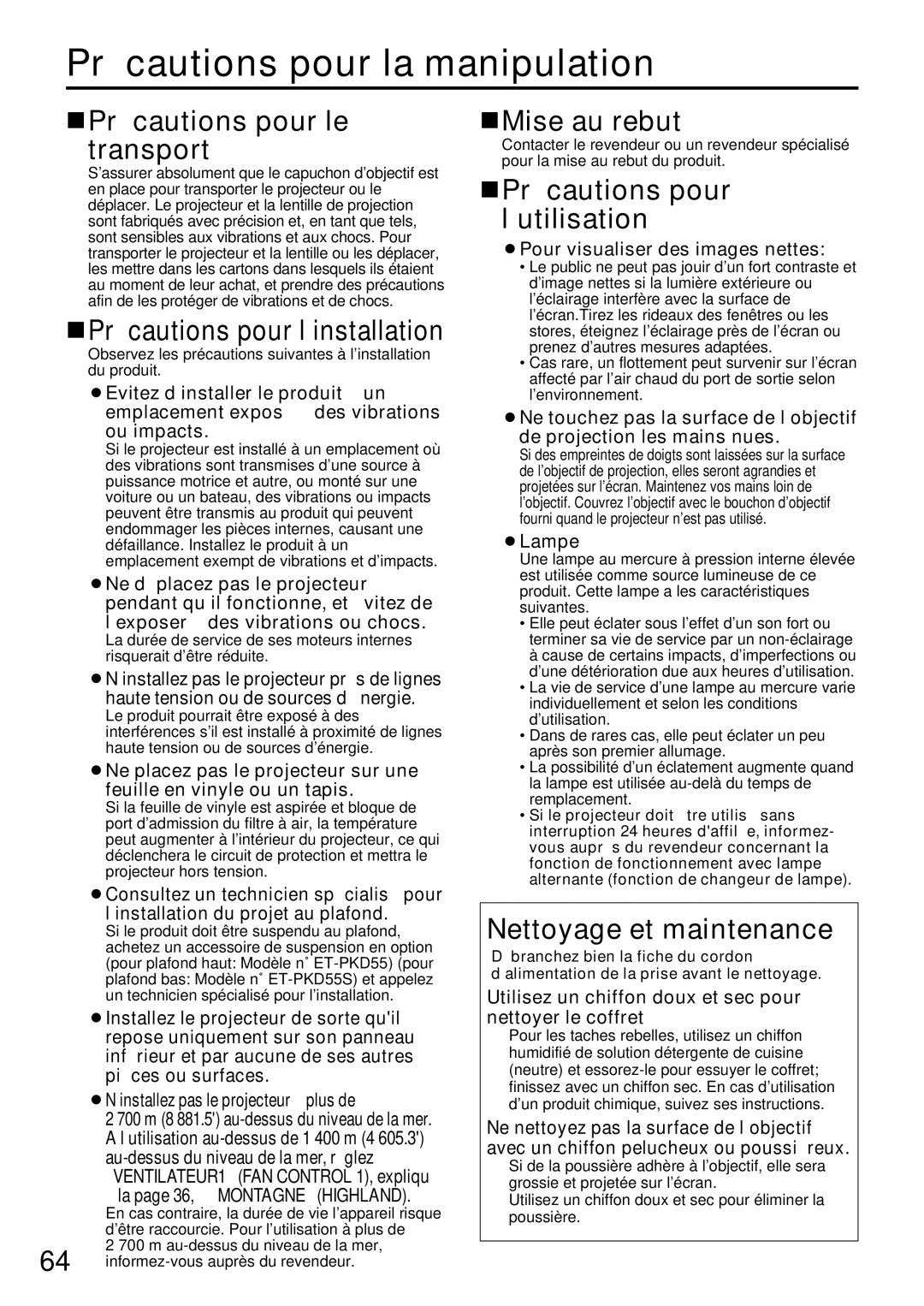 Panasonic PT-DW5000U, PT-D5600UL manual Précautions pour la manipulation, Précautions pour le transport, Mise au rebut 