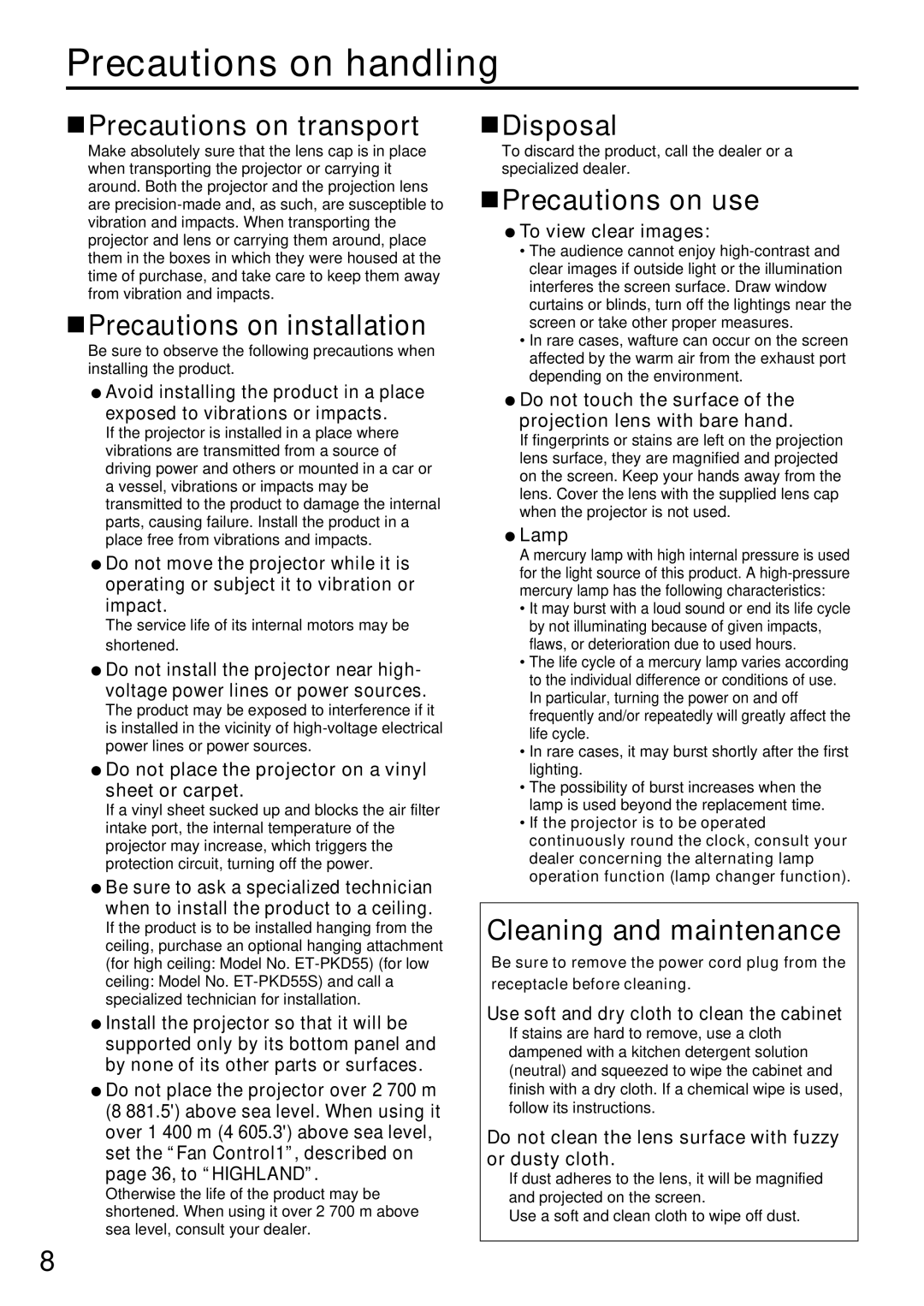 Panasonic PT-D5600UL, PT-DW5000U manual Precautions on handling 