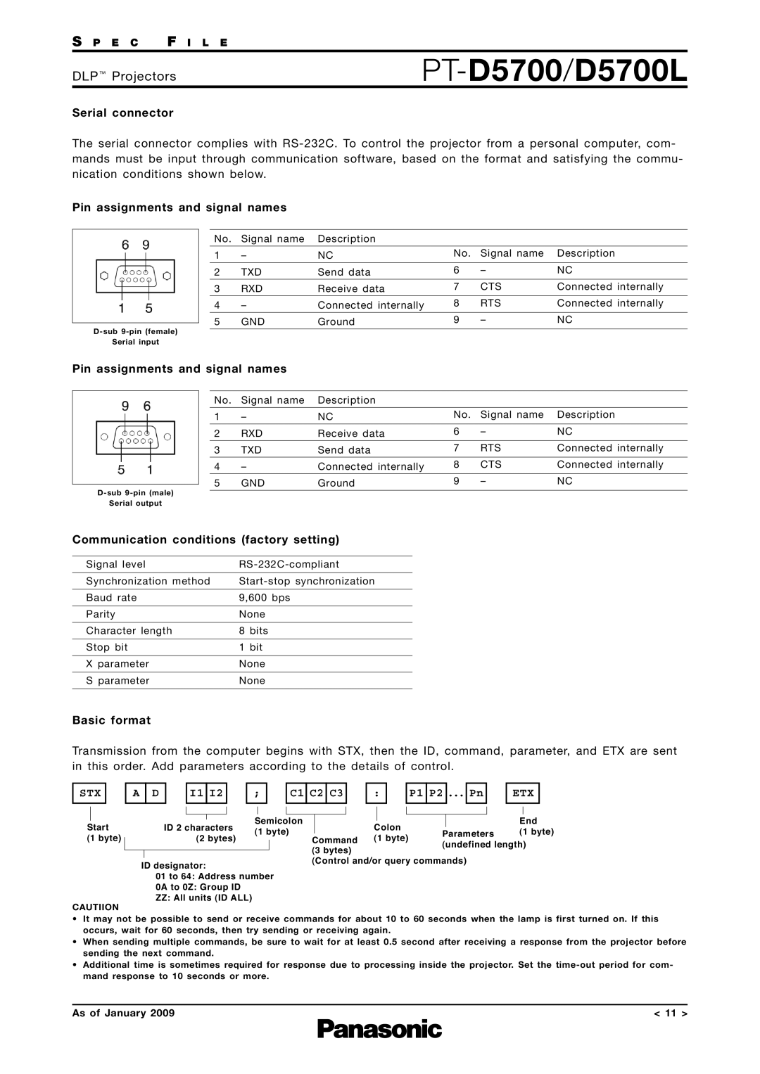 Panasonic PT-D5700L Serial connector, Pin assignments and signal names, Communication conditions factory setting 