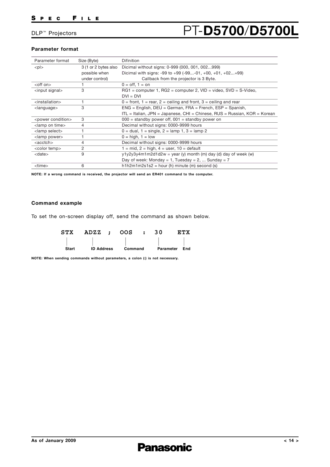 Panasonic PT-D5700L specifications Parameter format, Command example 