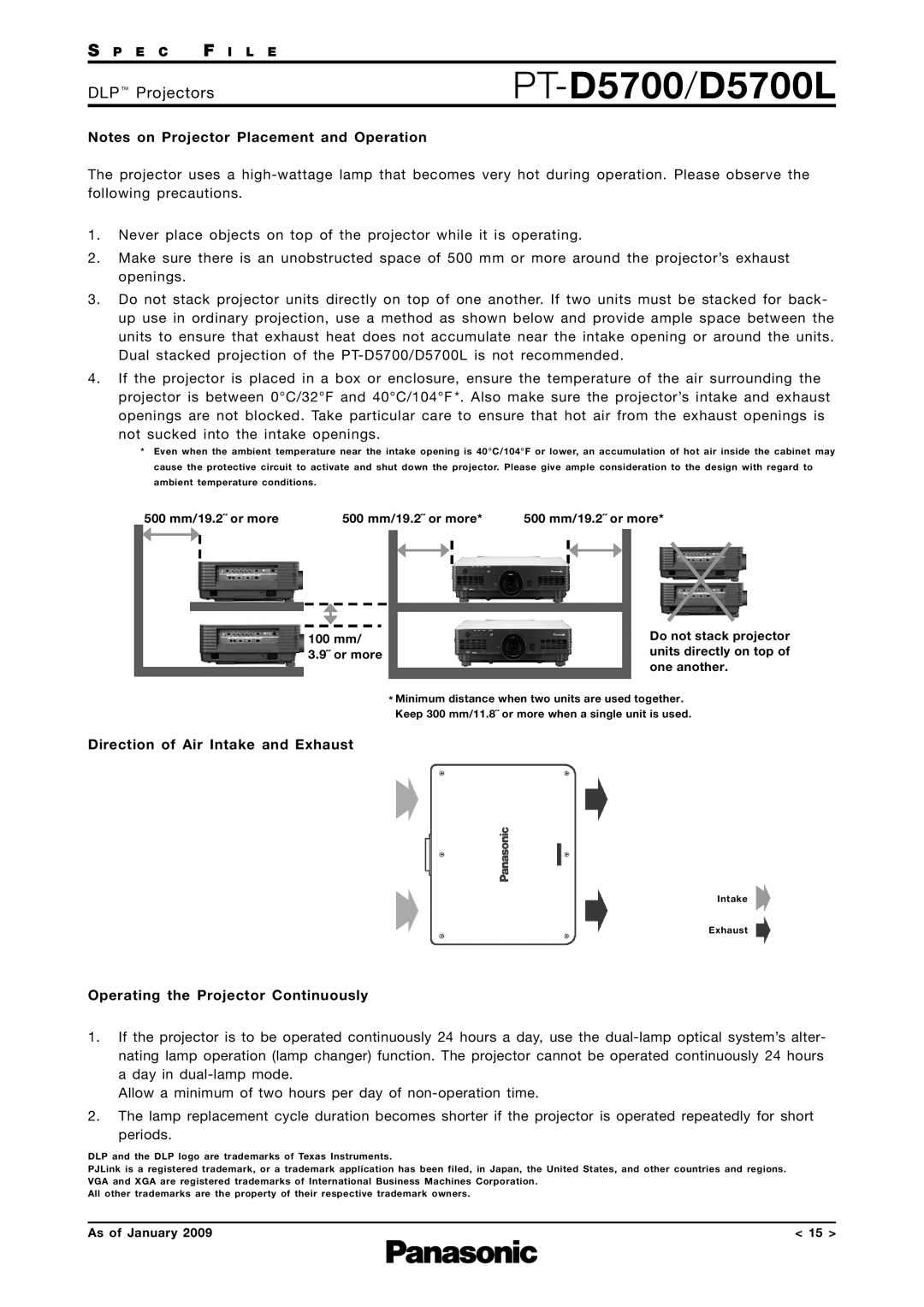 Panasonic PT-D5700L specifications Direction of Air Intake and Exhaust, Operating the Projector Continuously 