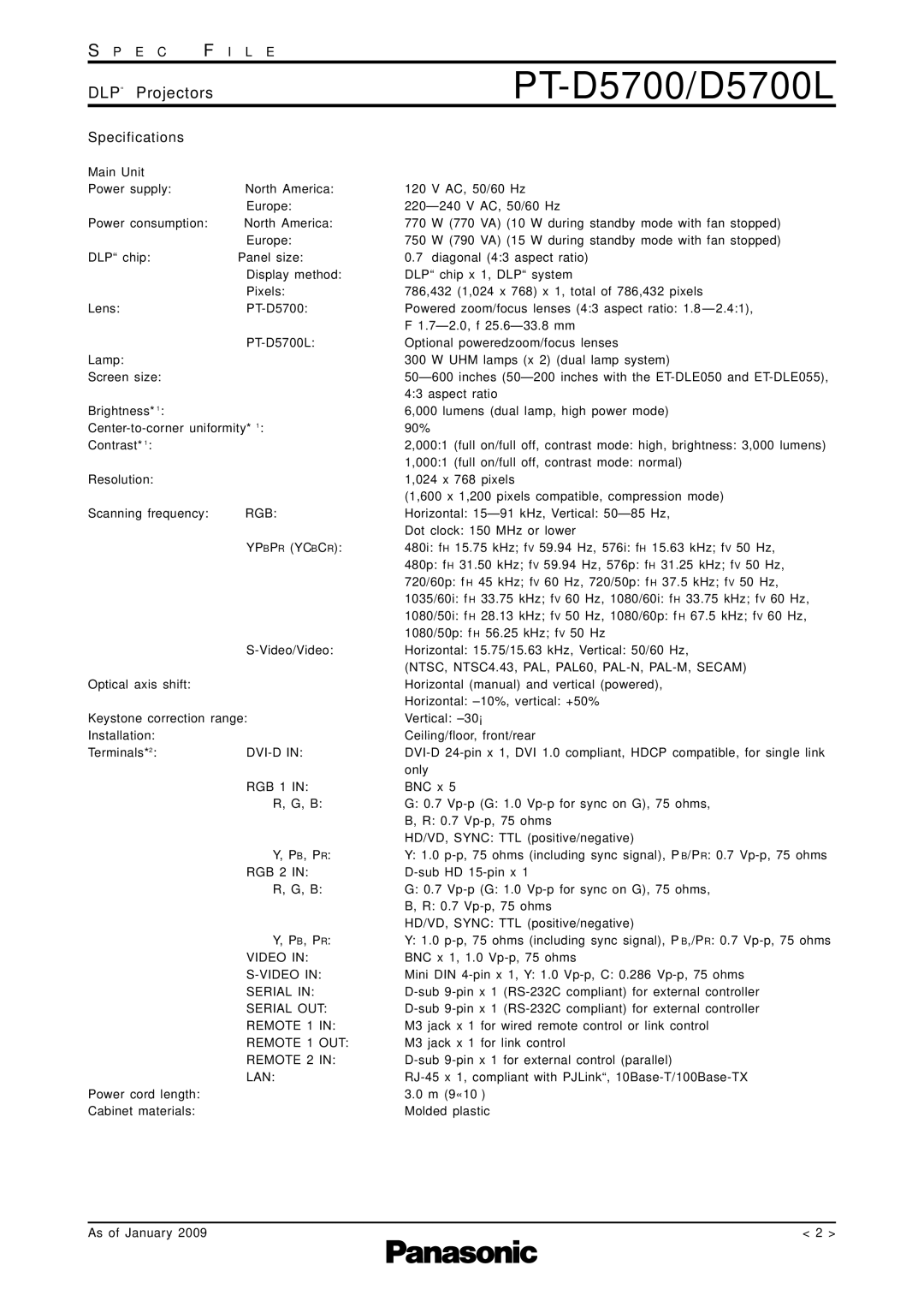 Panasonic PT-D5700L specifications PT-D5700/D5700L, Specifications 